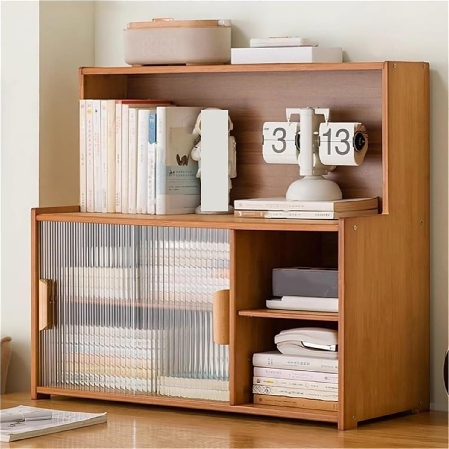 Country Style Adjustable Shelf Storage Bookcase Bamboo and Glass Storage Organizer for Kitchen Living Room,Living Room