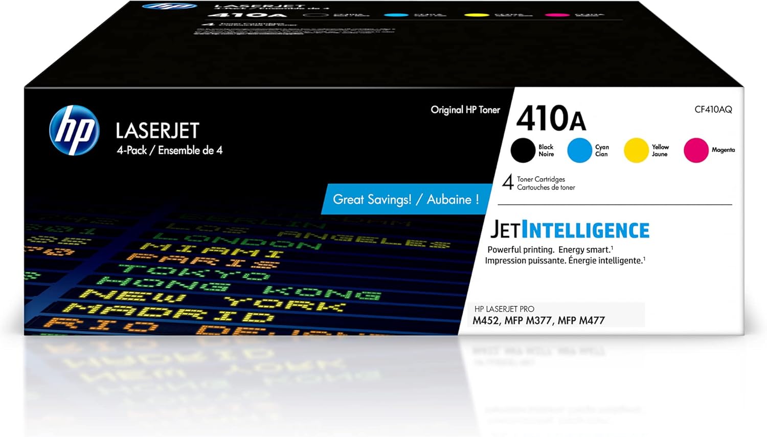 HP 410A Black, Cyan, Magenta, Yellow Toner Cartridges Printers (4-Pack) | Works with Color LaserJet Pro M452 Series; Color LaserJet Pro MFP M377, M477 Series | CF410AQ