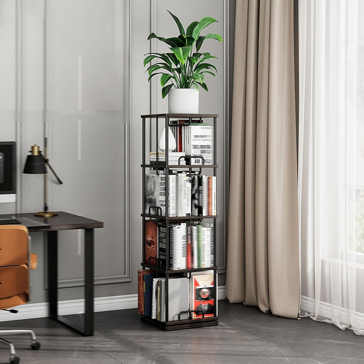 360° Rotating Bookshelf,3-5 Tier Swivel Storage Tower,Spinning Bookcase for Living Room,Bedroom,or Office Modern Corner Bookshelf with MDF and Iron Pipes,Holds 150-250 Books(Walnut/Black Tube,4Tier)