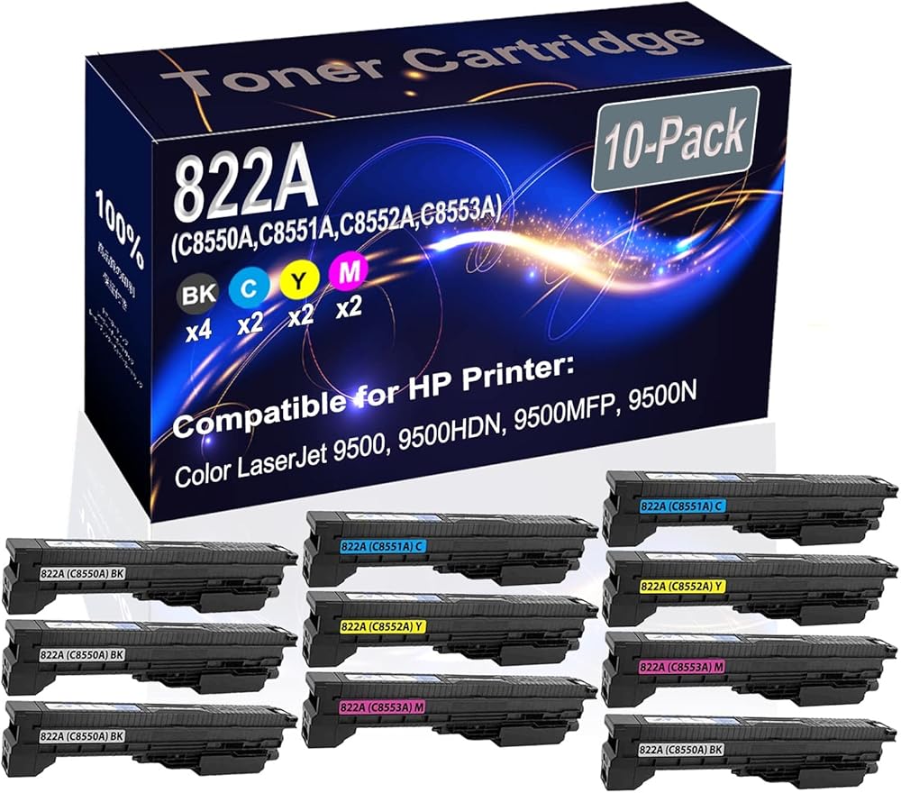 10-Pack (4BK+2C+2Y+2M) Compatible High Yield 822A (C8550A C8551A C8552A C8553A) Printer Toner Cartridge use for HP 9500 9500HDN 9500MFP 9500N Printers