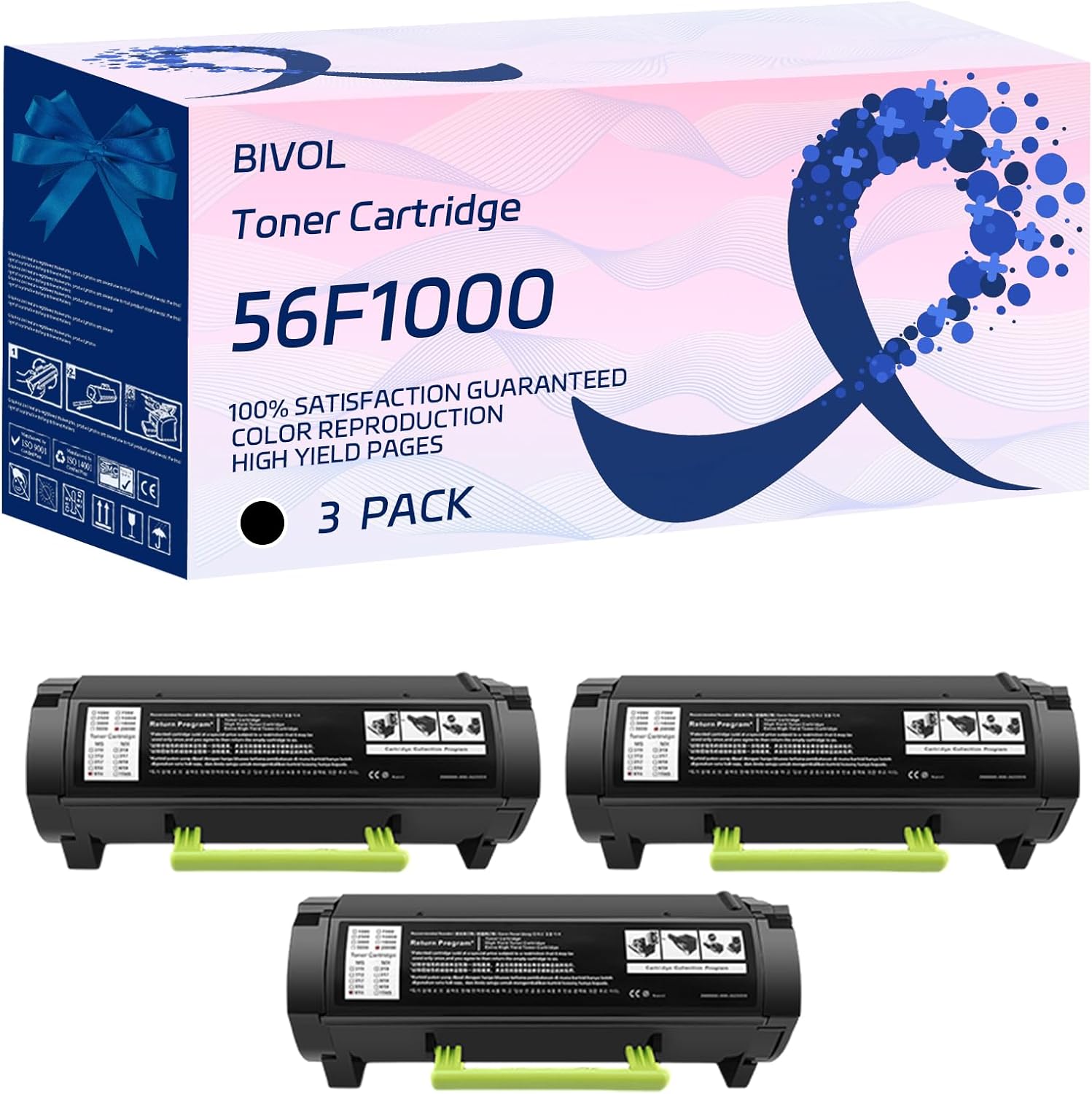 BIVOL 56F1000 Toner Cartridge Compatible for Lexmark MX321adn MS321dn MS421dn Printers, with Chip, High Yield 7000 Pages, Vivid Colors (3 Pack Black)