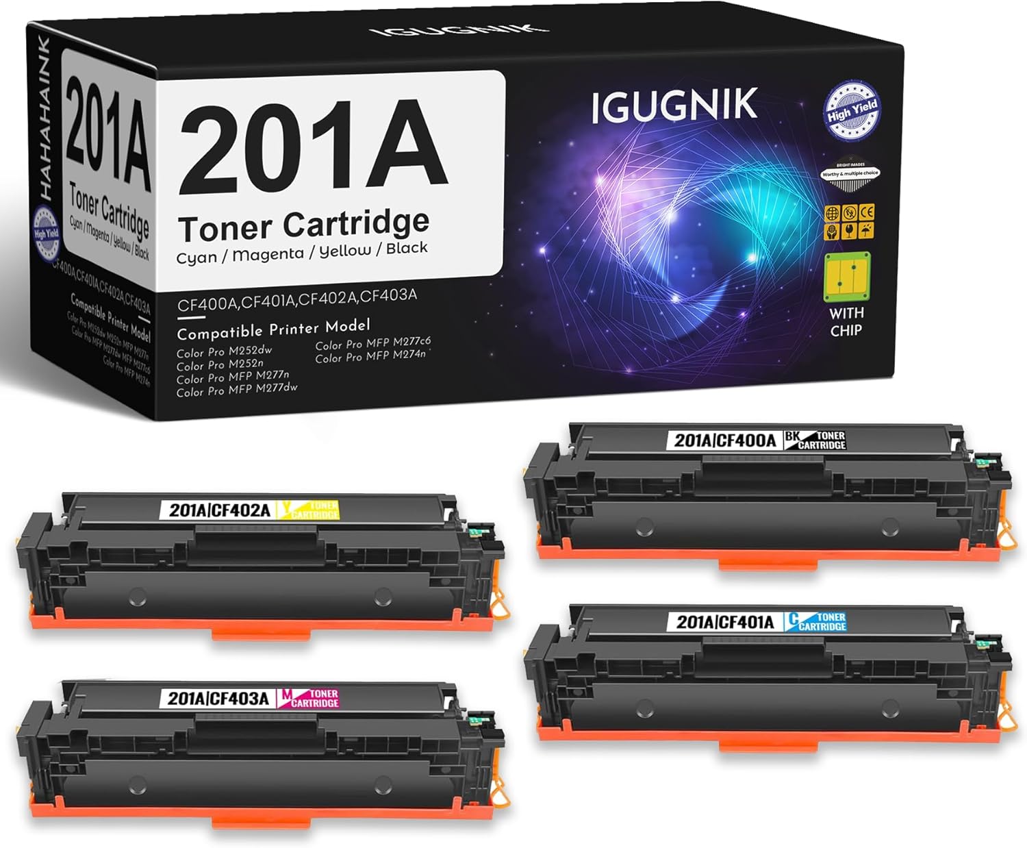 IGUGNIK 201A | CF400A CF401A CF402A CF403A BK/C/M/Y Color Toner Cartridge Compatible 201A Toner Cartridge Replacement for HP Color Pro M252dw M252n MFP M277nMFP M277dwMFP M277c6 MFP M274 Printer-4PK