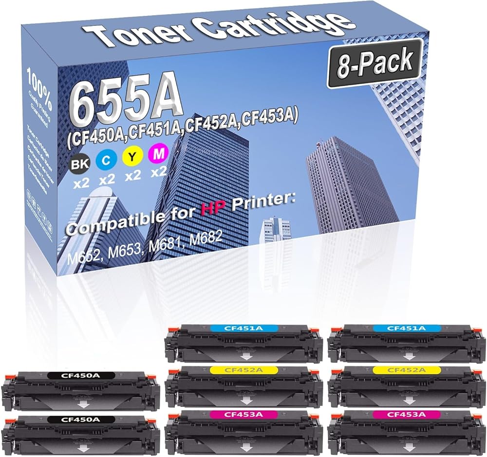 8-Pack (2BK/2C/2Y/2M) Compatible High Capacity 655A (CF450A CF451A CF452A CF453A) Color Toner Cartridge use for HP M652 M653 M681 M682 Printer