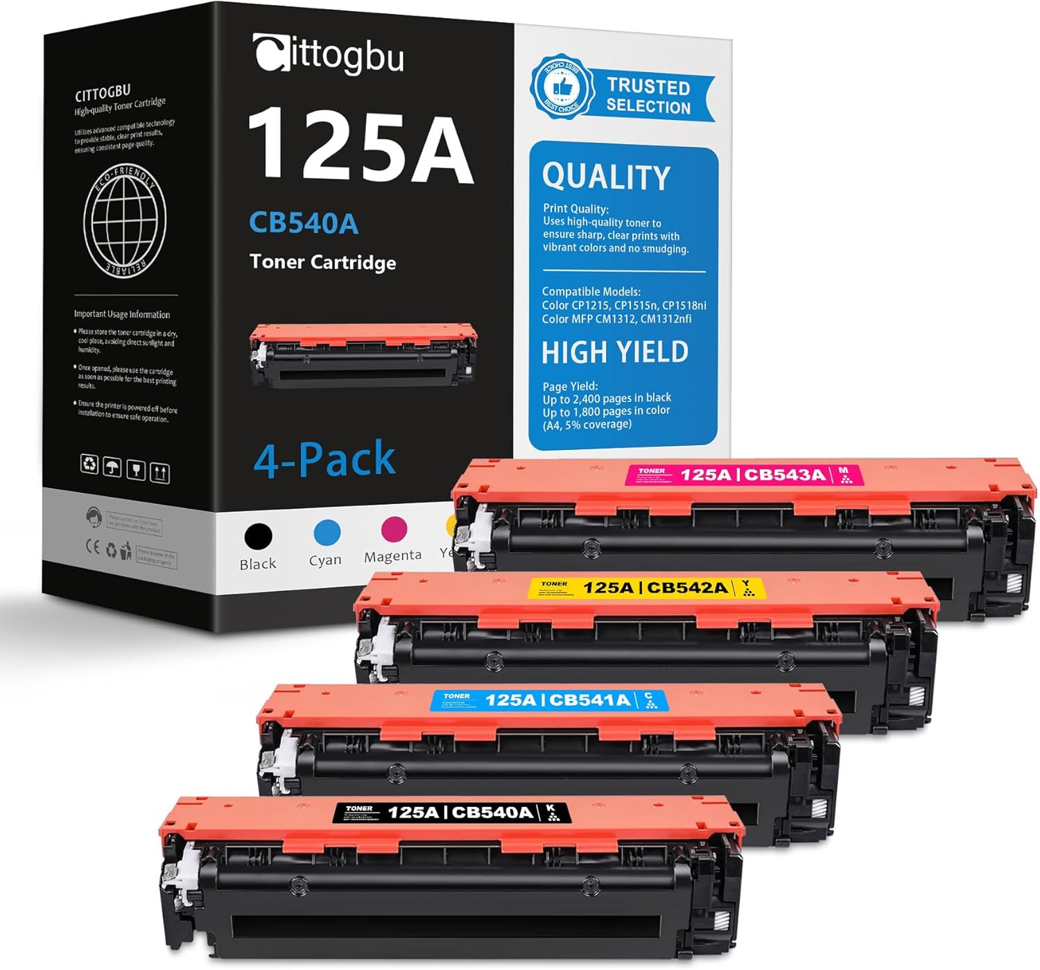125A Toner Cartridges 4-Pack (BK/C/M/Y) Replacement for HP 125A Toner & 125A Ink, Compatible with Color CP1215, CP1515n, CP1518ni, Color MFP CM1312, CM1312nfi Printer (CB540A, CB541A, CB542A, CB543A)