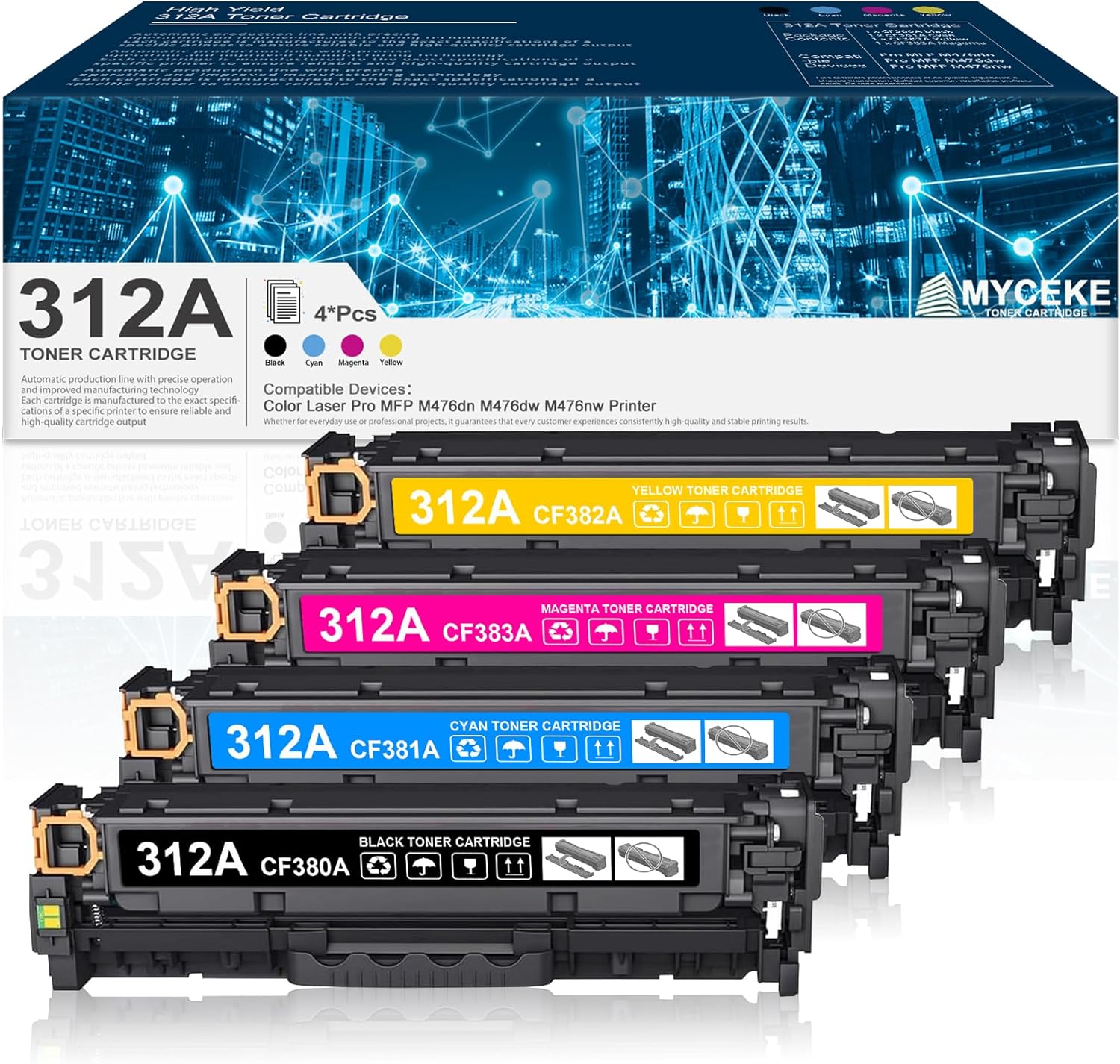 312A Black Cyan Magenta Yellow Toner Cartridge Replacement for HP 312A Toner for Color Laser Pro MFP M476dn M476dw M476nw Printer , (4 Pack,CF380A,CF381A,CF382A,CF383A)