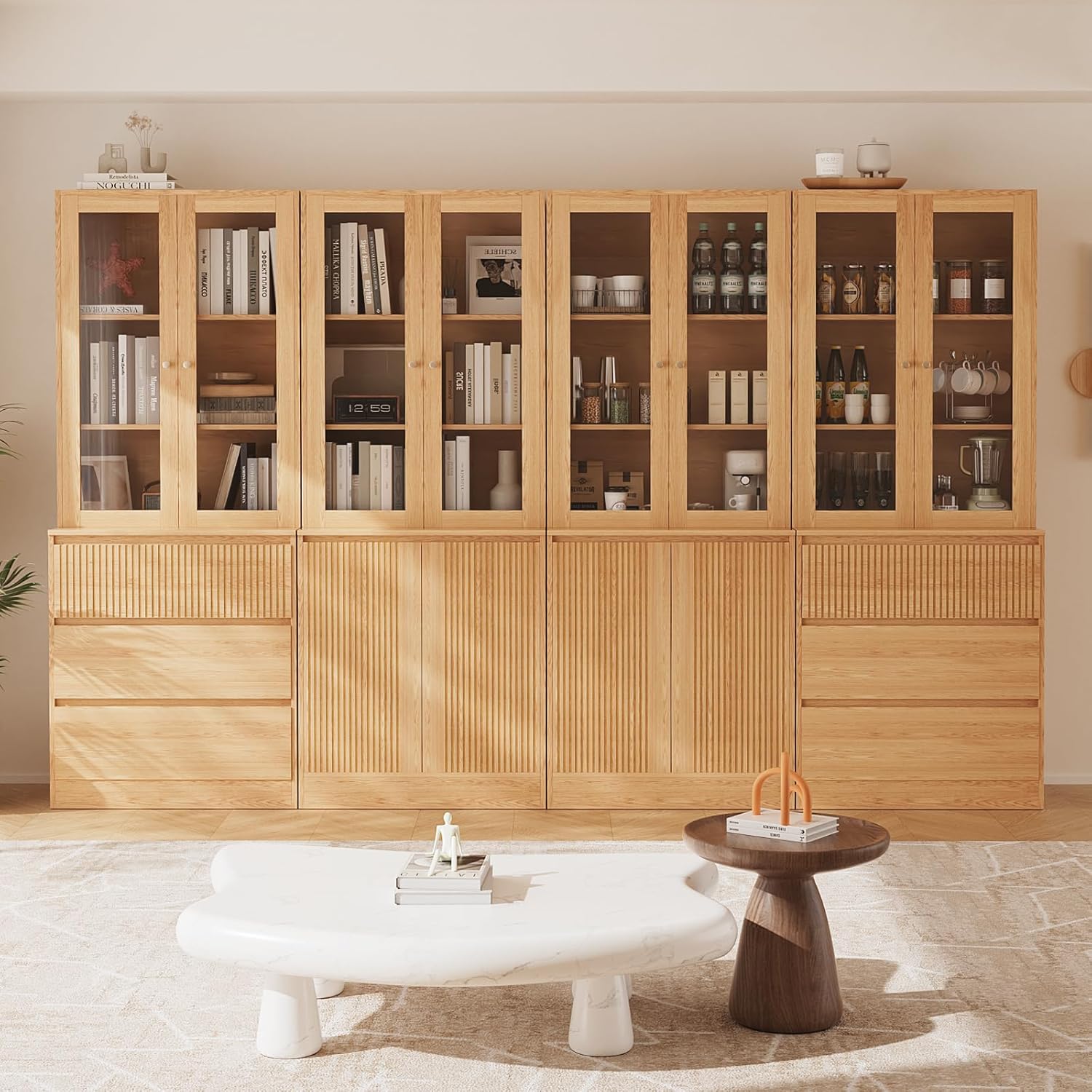 TUSY 71'' Freestanding Tall Storage Cabinet, 5 Tier Wood Bookcase with Drawers and Tempered Glass Doors, Large Floor Cabinet, Combination Storage Shelves for Living Room, Home Office (DAAD)