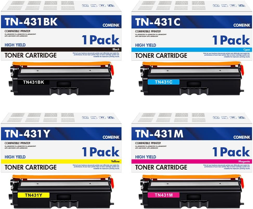 TN431 TN-431 TN433 Toner Cartridges: Compatible Replacement for Brother TN-433 TN431K TN431C/M/Y Standard Yield Toner for MFC-L8900CDW HL-L8360CDW HL-L8260CDW MFC-L8610CDW HL-L8360CDWT Printer Ink