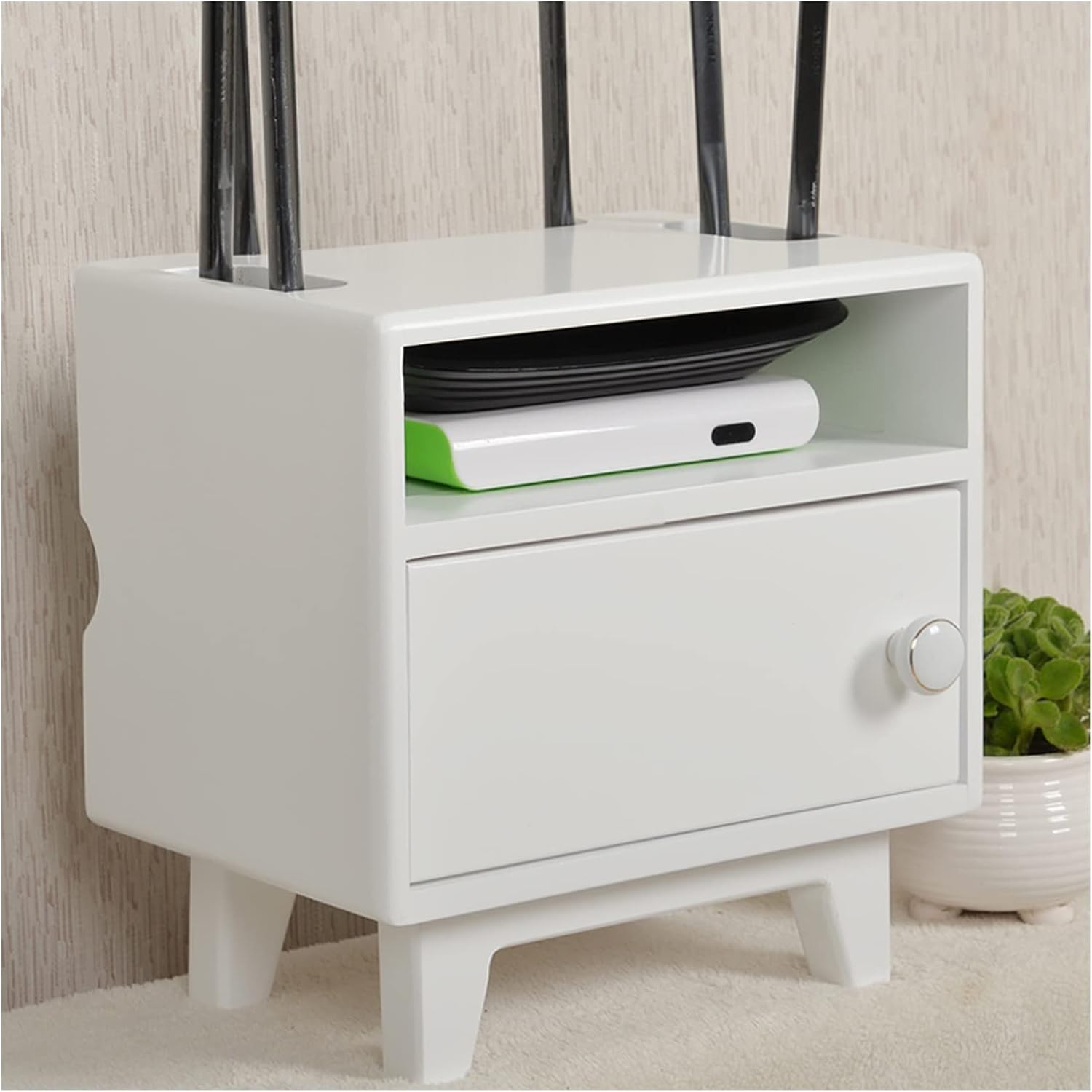 Cable Management Box Wooden Router Storage Boxes Organizer with High Feet Cable Power Plug Storage Box Magnetic Door Stop and Stainless Steel Hinge Cable Cords Organizer Boxes (G Six pole style)