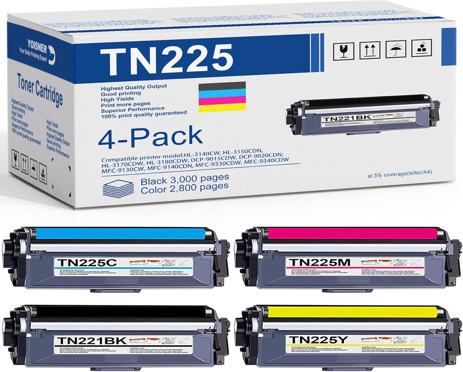 TN-221 TN-225 Toner Cartridges Replacement for Brother TN221BK TN221 TN225 Toner MFC-9330CDW MFC-9340CDW MFC-9130CW HL-3140CW HL-3170CDW (1 Black 1 Cyan 1 Magenta 1 Yellow,4 Pack)