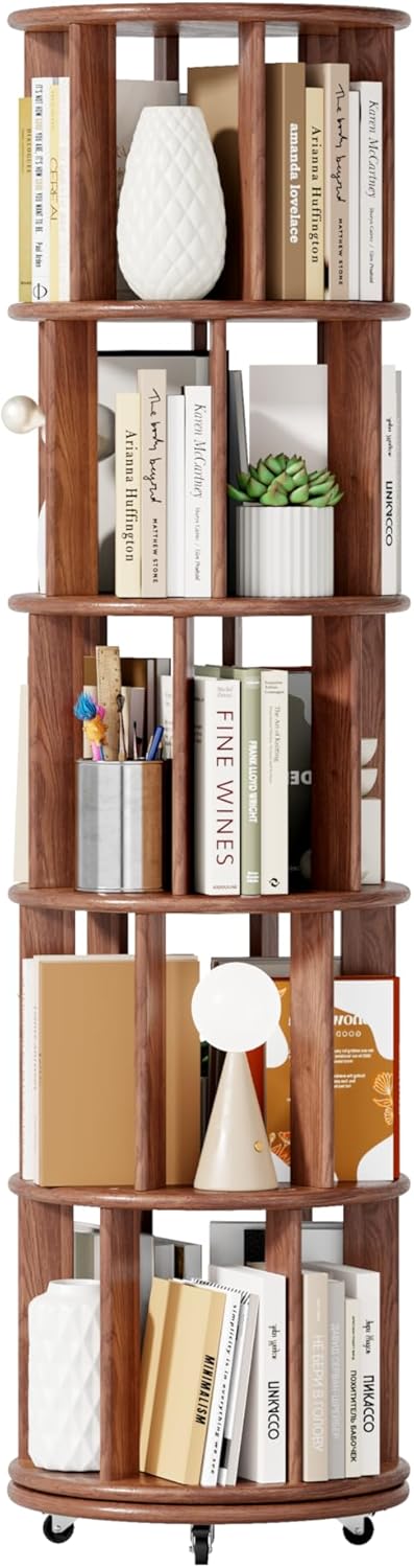 Weawilson 6 Tier Solid Wood Rolling Bookshelf, 360° Rotating Bookcase Tower for Kids, Narrow Revolving Shelf for Corner & Small Space, Walnut (6 Tier)