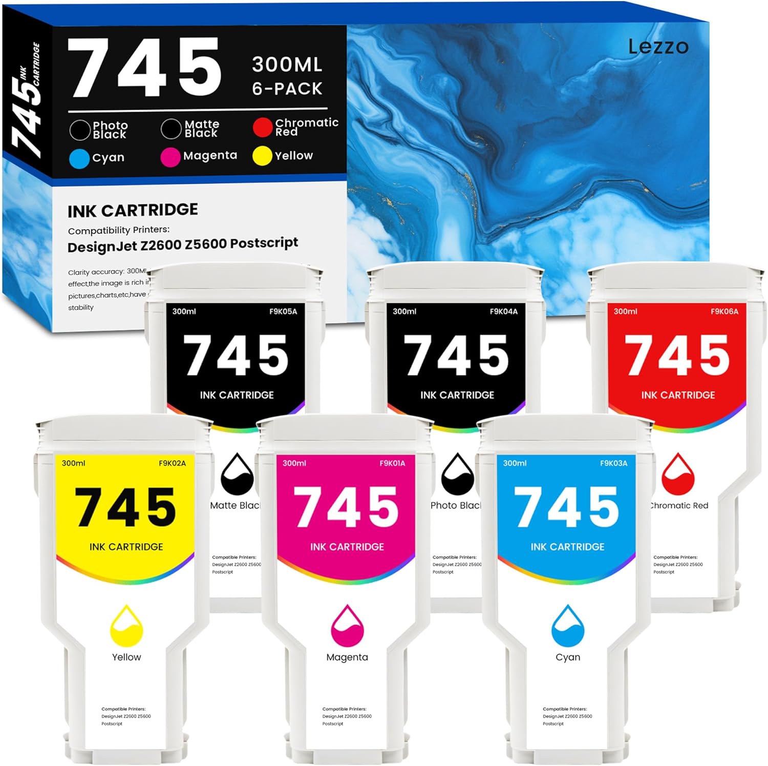 Lezzo 745 Ink Cartridge 300ML 6-Pack 745 745XL High Capacity Ink Replacement for HP F9K06A F9K05A F9K04A F9K03A F9K02A F9K01A for DesignJet Z5600 Z2600 Postscript Printer Ink