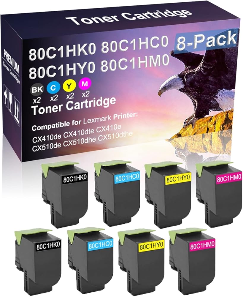 Credibility Store 8 Pack (BK+C+Y+M) Compatible (High Yield) 80C1HK0 80C1HC0 80C1HY0 80C1HM0 Toner Cartridge Used for CX510de CX510dhe CX510dthe Printer