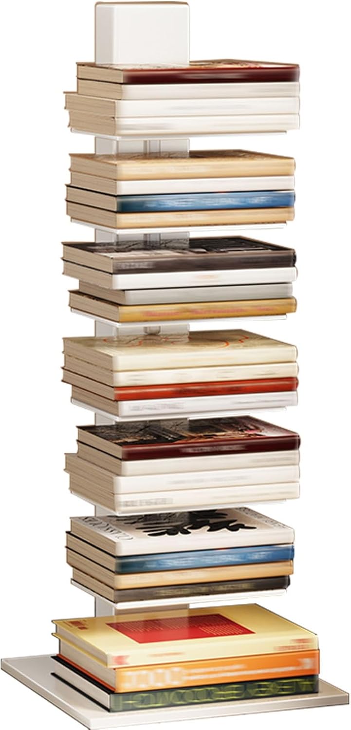 9-11 Tier Metal Spine Bookshelf Tower, Open Floor Standing Bookshelf, Tall Vertical Bookcase, Invisible Floating Bookshelf, Display Shelf Storage Rack Multipurpose Corner Bookshelf(White,7Tier)