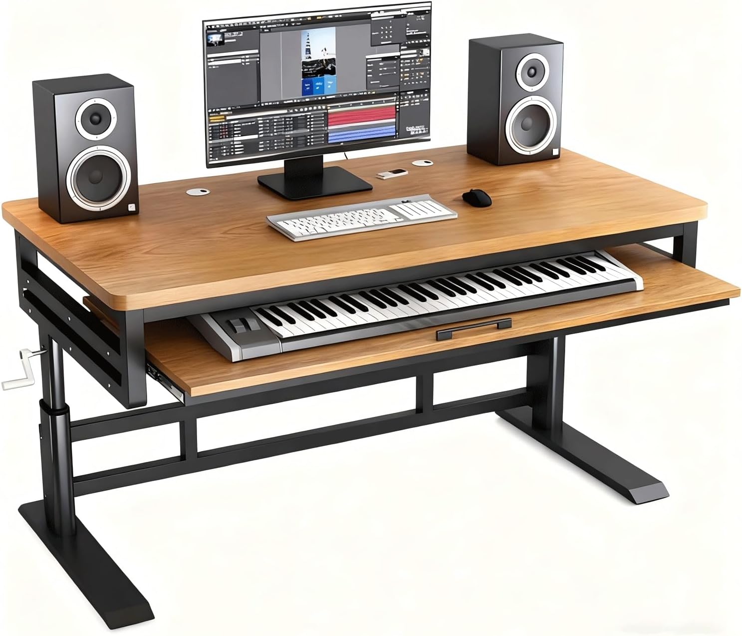 Music Studio Desk Workstation with Keyboard Tray, Office Computer Table with Organized Wiring/Keyboard Shelf Workbench Electronic Piano Midi Production Recording Studio(Light Wood+Black Shelf,70in)