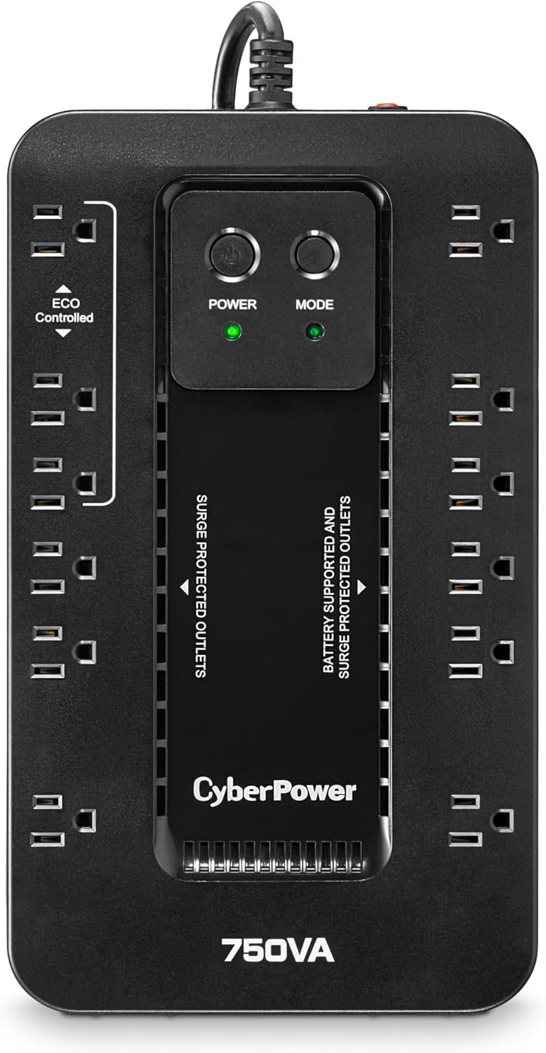 CyberPower EC750G Ecologic Battery Backup & Surge Protector UPS System, 750VA/450W, 12 Outlets, ECO Mode, Compact Uninterruptible Power Supply, Black