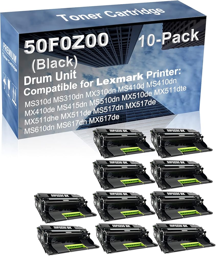 10-Pack (Black) Compatible MS415dn MS510dn MX510de MX511dte MX511dhe MX511de Printer Drum Unit Replacement for Lexmark 50F0Z00 Drum Kit