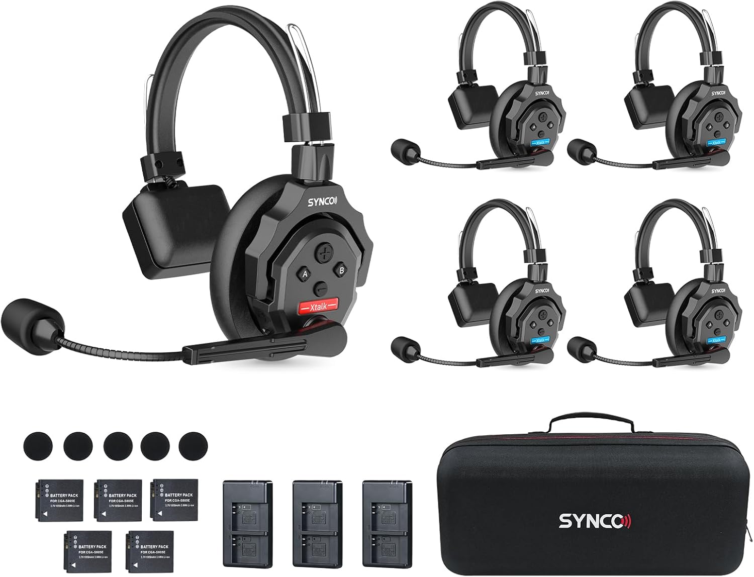 SYNCO XTALK X5 Wireless Intercom Headset System, 2.4GHz Full Duplex Group Talk Coms with 24H 350M/1148FT Real-time Monitoring, Single-Ear-Headsets-for-Communication