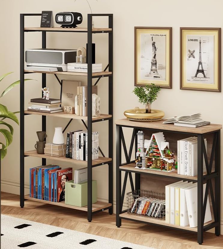 FATORRI Industrial 5 Tier Bookshelf and Small Bookcase for Home Office (Rustic Oak)