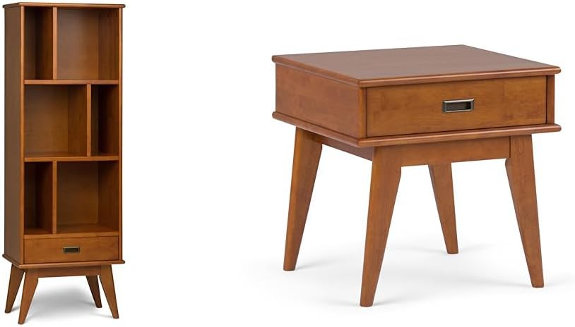 SIMPLIHOME Solid Hardwood 22 Inch Mid Century Bookcase, End Table and Storage Unit Bundle in Teak Brown, 6 Shelves and Drawer