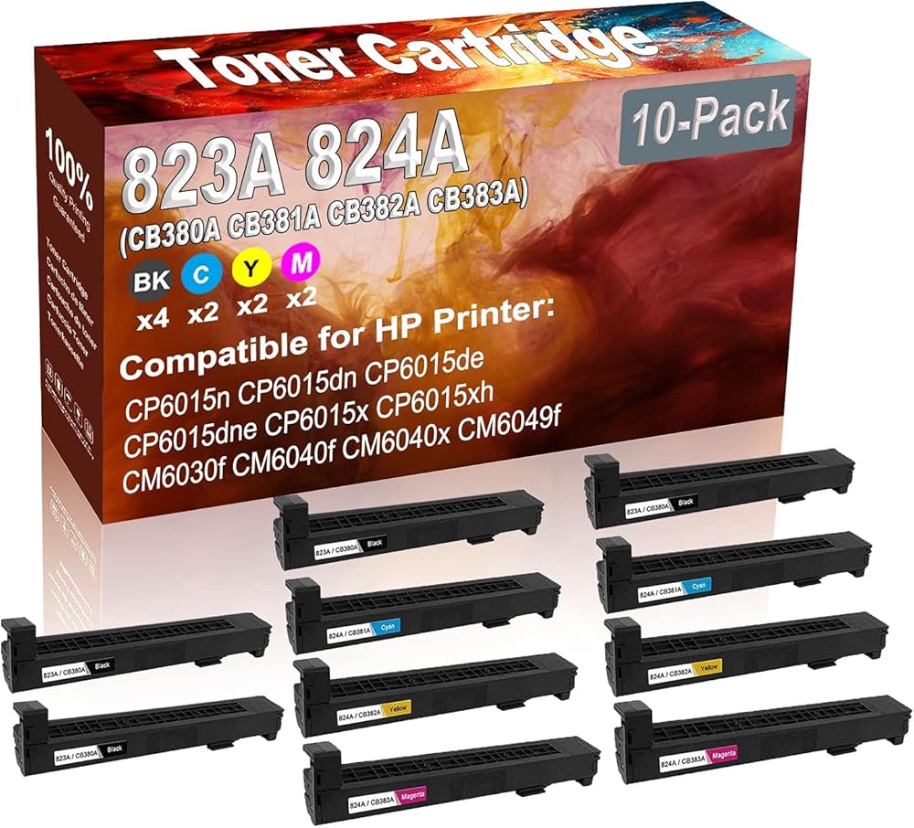10-Pack (4BK+2C+2Y+2M) Compatible CP6015n CP6015dn Laser Printer Toner Cartridge (High Capacity) Replacement for HP 823A 824A (CB380A CB381A CB382A CB383A) Printer Toner Cartridge