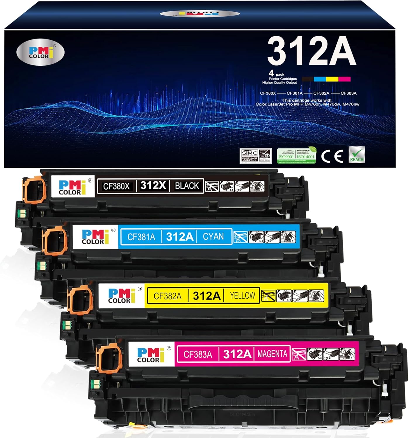 4 Pack Replacement for HP 312A Toner Cartridges for HP LaserJet Pro MFP M476dn M476dw M476nw Printer Ink (Black, Cyan, Magenta, Yellow)