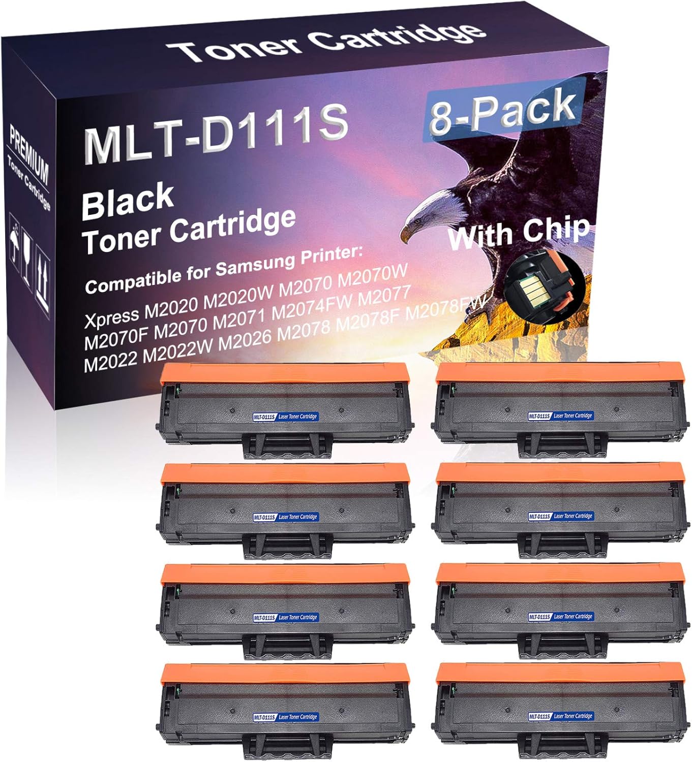 8 Pack (Black) with Chip Compatible MLT-D111S D111S Laser Toner Cartridge use for Samsung Xpress M2020 M2020W M2070 M2070W Printer (High Yield)