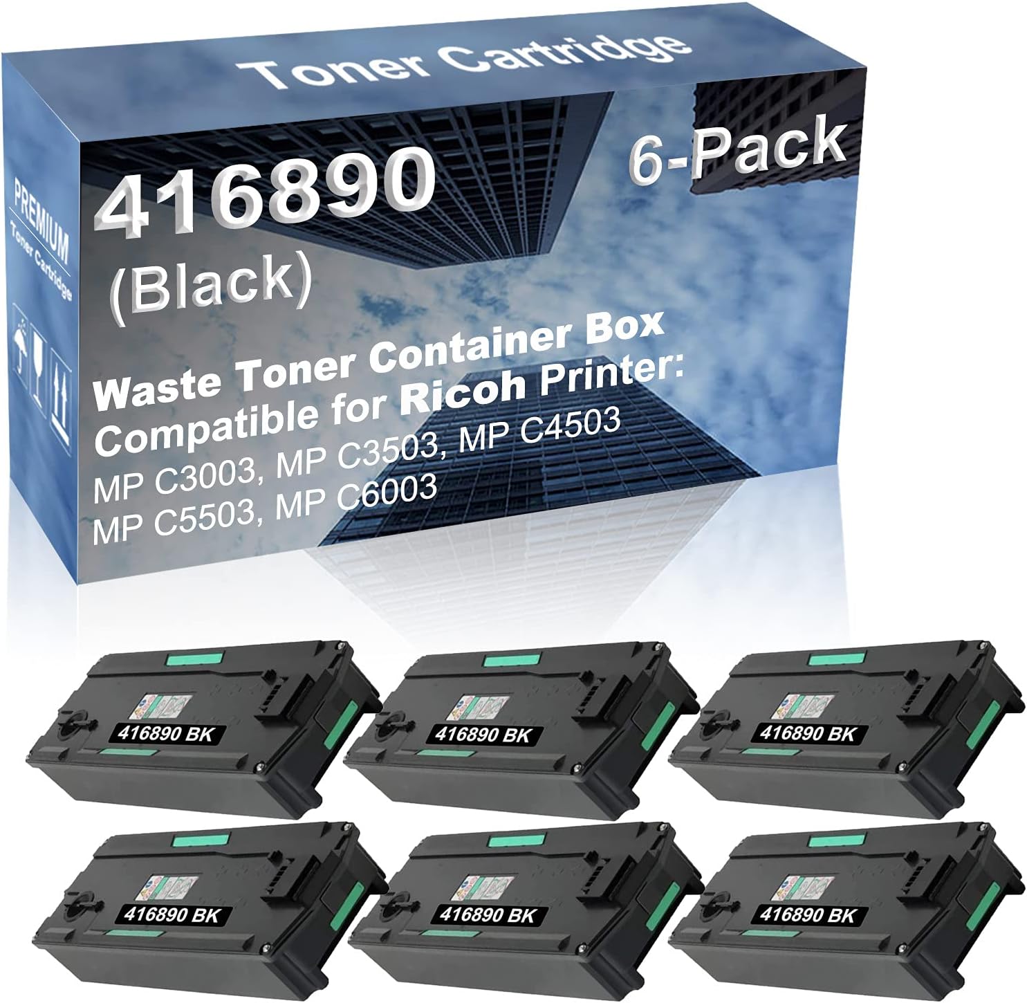 6-Pack Compatible High Capacity 416890 Printer Waste Toner Container Box use for Ricoh MP C3003, MP C3503, MP C4503, MP C5503, MP C6003 Printer (Black)
