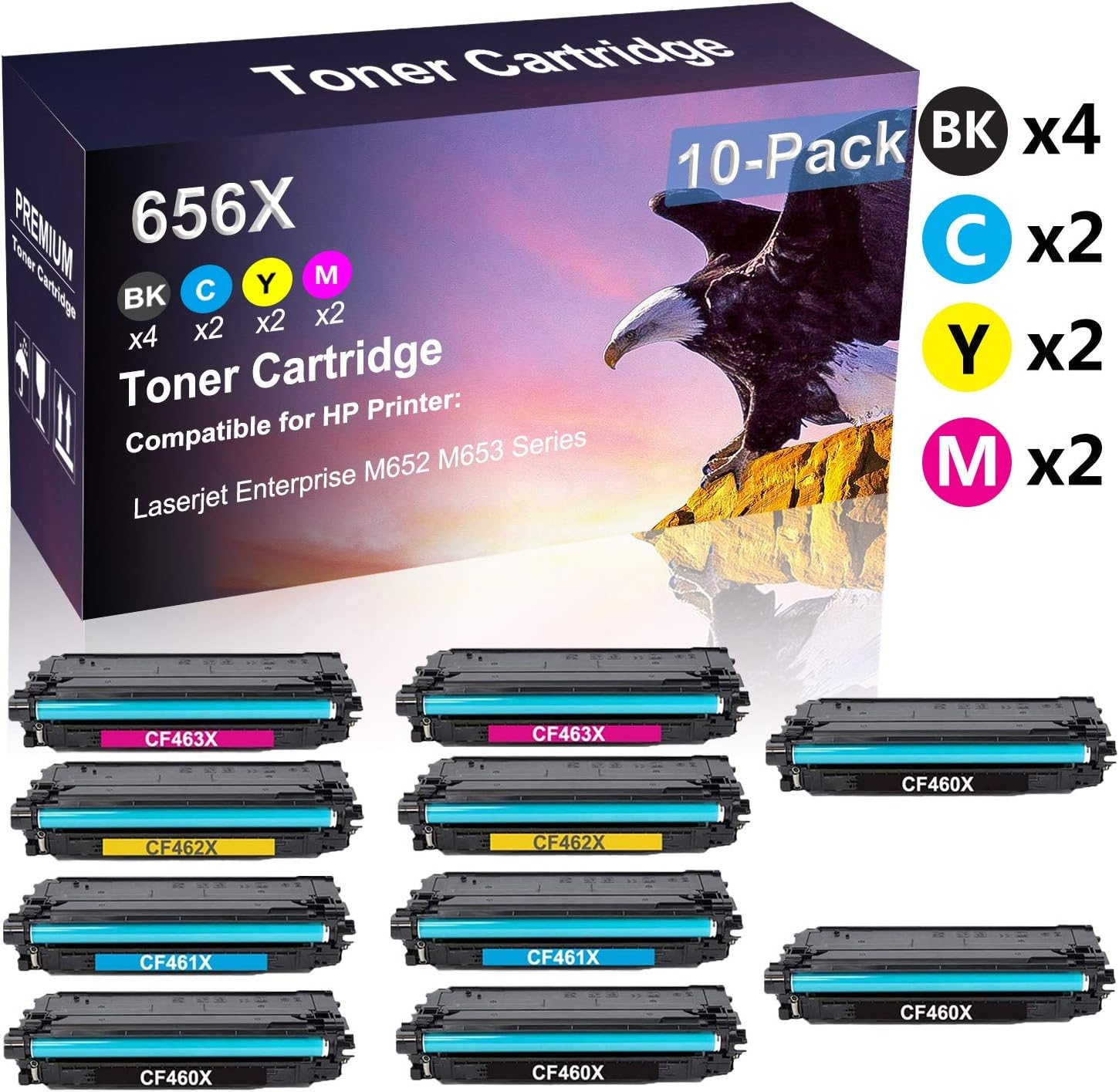 10 Pack (4B+2C+2Y+2M) Compatible Laserjet Enterprise M652 M653 Imaging Toner Cartridge Replacement for HP 656X CF460X CF461X CF462X CF463X Toner Cartridge(High Capacity)