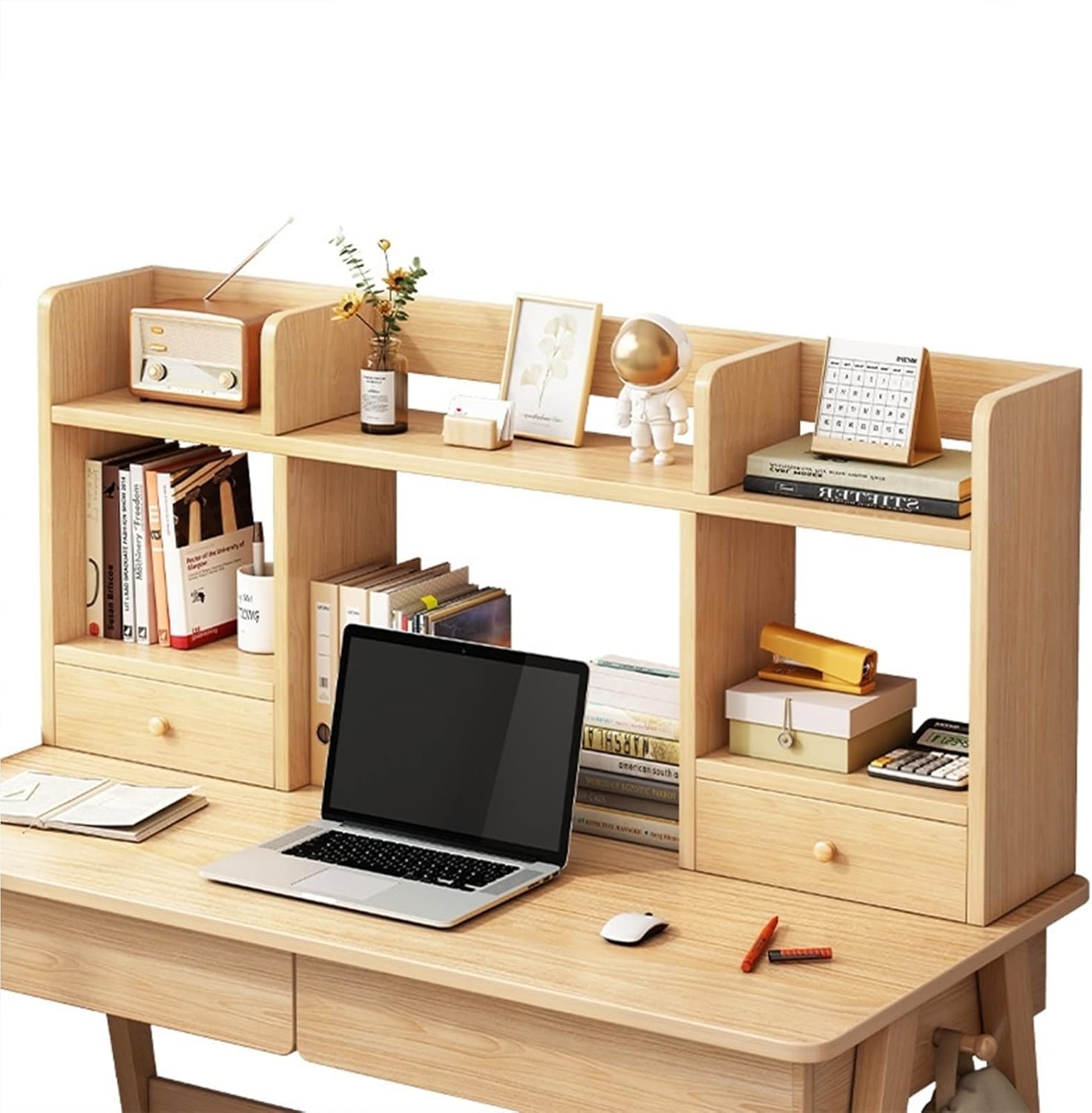 MEETXRTY 2 Layer Wooden Desktop Bookshelf - Desk Organizer with Drawers, Office Open Storage Display Shelves, Computer Desk Desk Bookcase, Large Capacity Storage Rack for Dressing Table