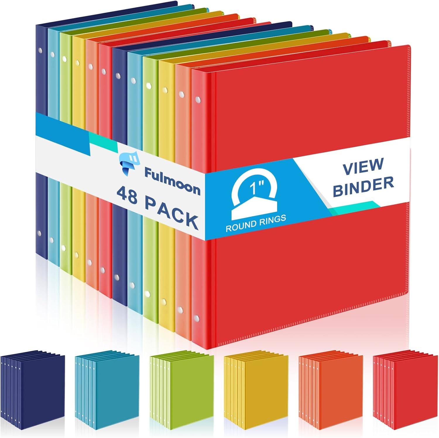 Fulmoon 48 Pack 3 Ring Plastic Binders 1 Inch Bulk with 2 Pockets, Flexible Binder Loose Leaf Hardcover, Fit 12