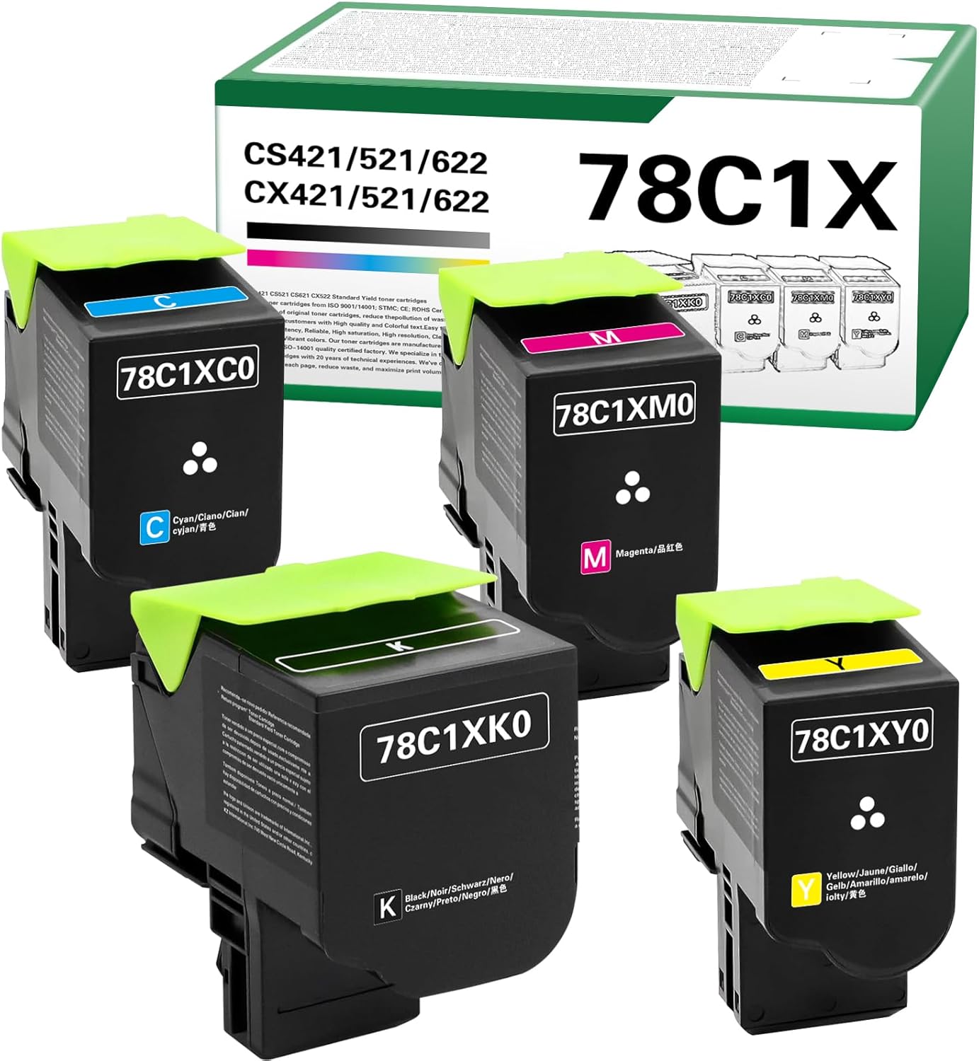 78C1X CS421 CX522 CS521 Toner Cartridge Extra High Yield Compatible for Lexmark CS421 CS521 CS622 CX522 CX421 CX622 CX625 Printer with 78C1XK0 78C1XC0 78C1XM0 78C1XY0（4 Pack 78C1X Toner）