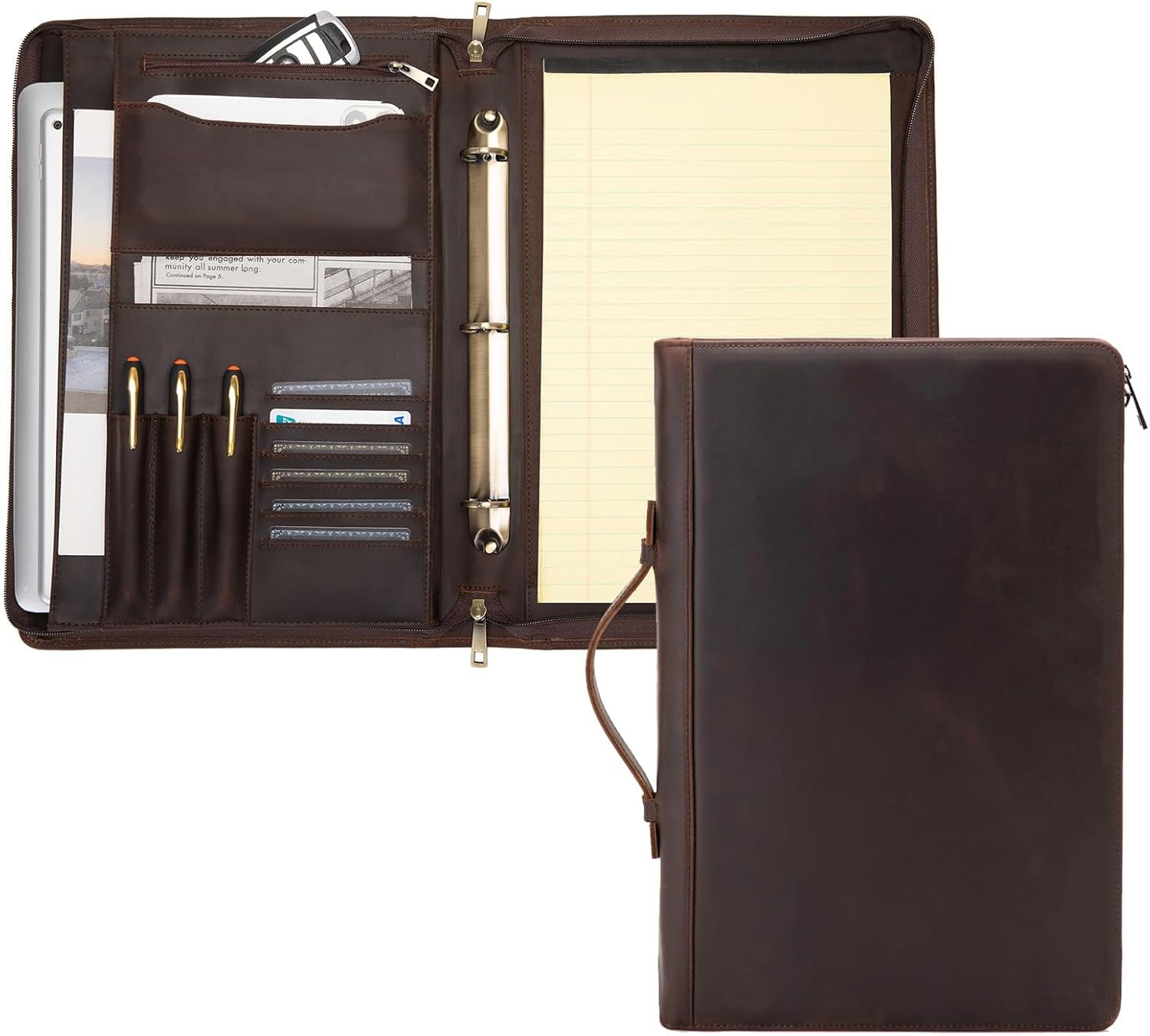 Geslun Genuine Leather 3 Ring Binder Portfolio, 8.5 x 14 Legal Size Pad Holder, Hidden Handle, Zippered Padfolio with 15” Laptop Organizer, Professional Business Folio for Men Women, Dark Brown