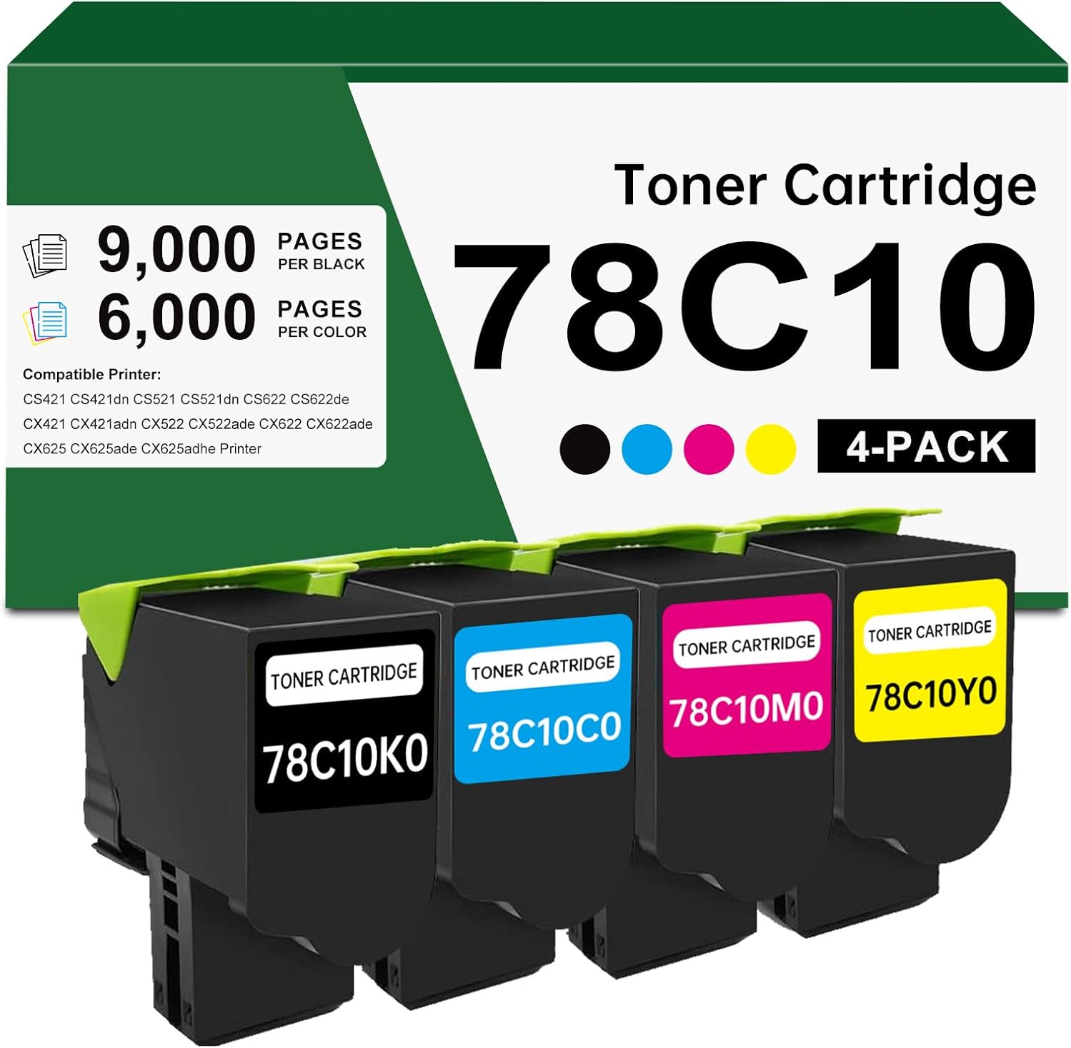 78C10 78C10K0 78C10C0 78C10M0 78C10Y0 Black Cyan Magenta Yellow Toner Cartridge Compatible with Lexmark CS421 CS521 CS622 CX421 CX522 CX622 CX625 Printer( 2,000 Pages, 4-Pack)