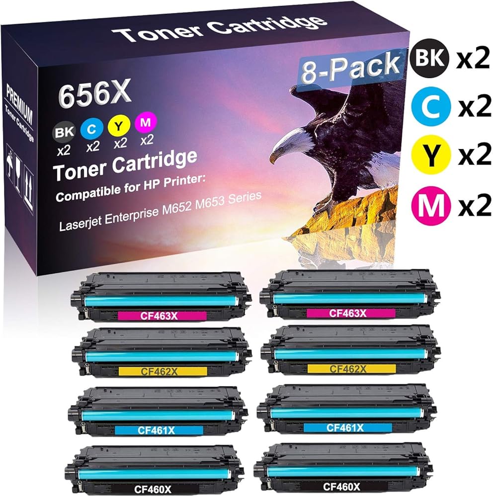 8 Pack (2 Black+2 Cyan+2 Yellow+2 Magenta) Compatible Laserjet Enterprise M652 M653 Imaging Toner Cartridge Replacement for HP 656X CF460X CF461X CF462X CF463X Toner Cartridge(High Capacity)