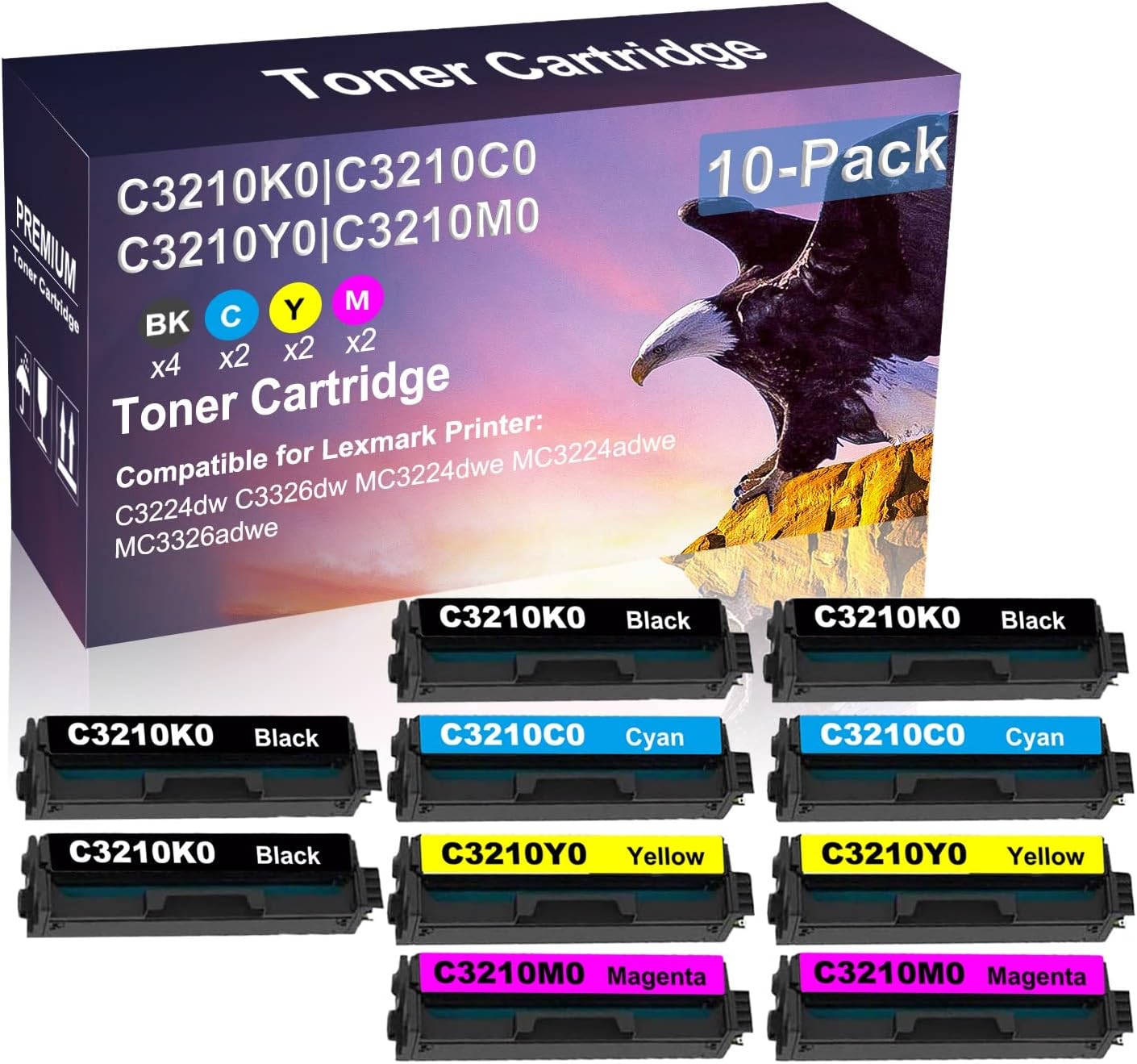 Credibility Store 10-Pack (4BK+2C+2Y+2M) Compatible High Yield C3210K0+ C3210C0+ C3210Y0+ C3210M0 Laser Printer Toner Cartridge Used for MC3224adwe MC3326adwe Printer