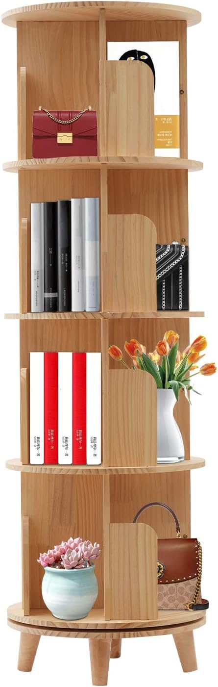 4/5-Tier Rotating Bookshelf 360° Standing Cylindrical Bookcase Storage Rack Bookcase Storage Rack for Kids&Adults Multi-Functional Bookshelf Organizer (Wood Color) (4-Tier)