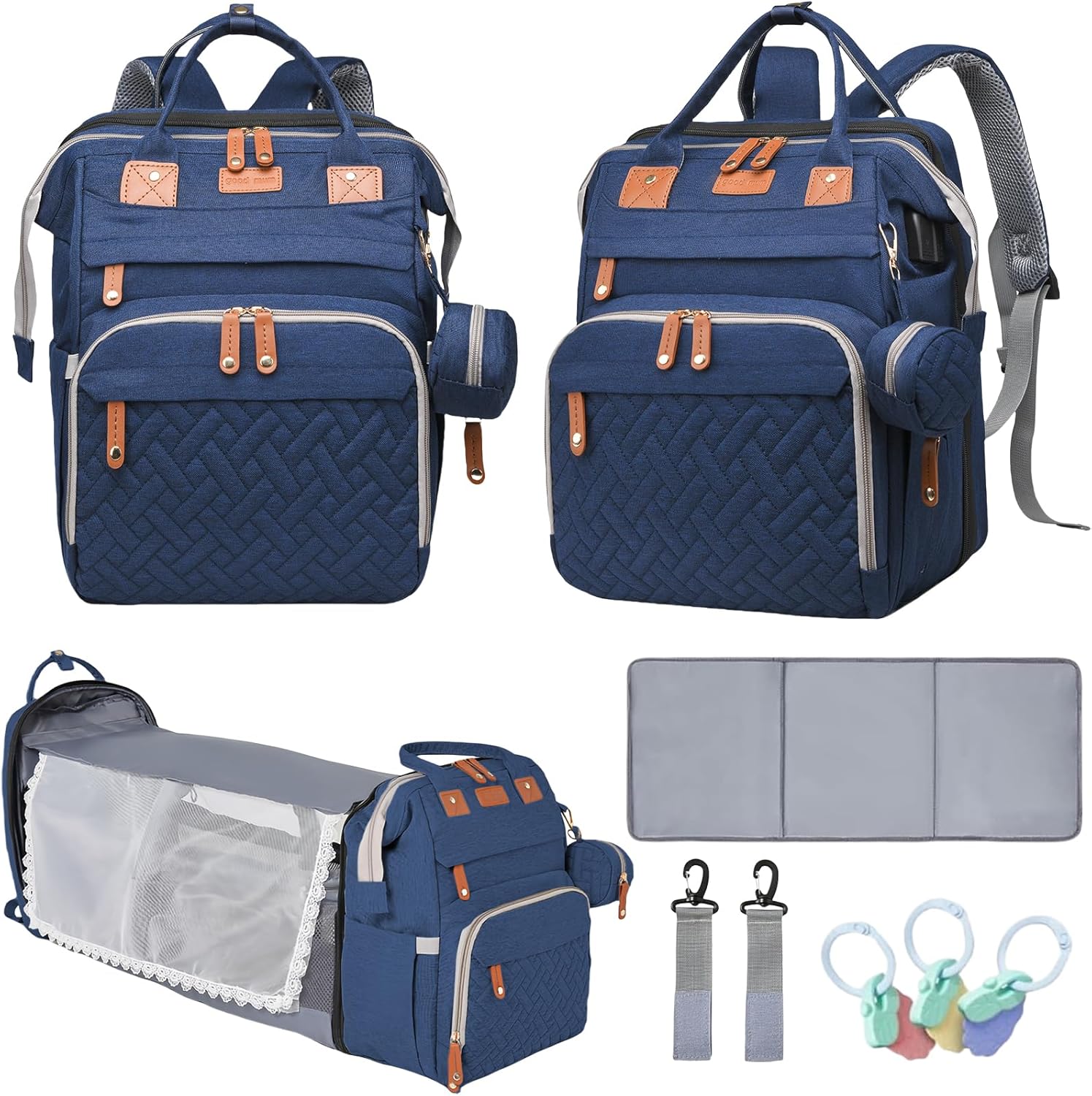 LHDYMXYN Baby Diaper Bags with Changing Station, Multifunctional Diaper Bag Backpack for Moms Dads with USB Charging Port, Waterproof Travel Diaper, Baby Shower Gifts for Baby Boy & Girls（Blue）