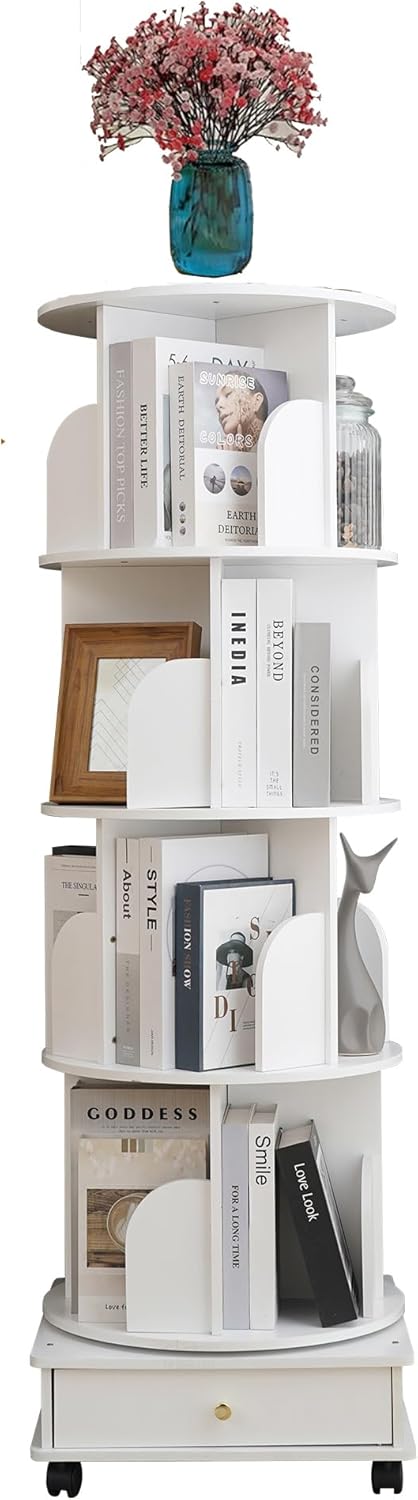 TruRim 360° Rotating Bookshelf - Solid Wood 5/6 Tier Spinning Bookcase with Drawers & Wheels, Space Saving Corner Shelf for Living Room, Bedroom, Office, Apartment (H55.91)