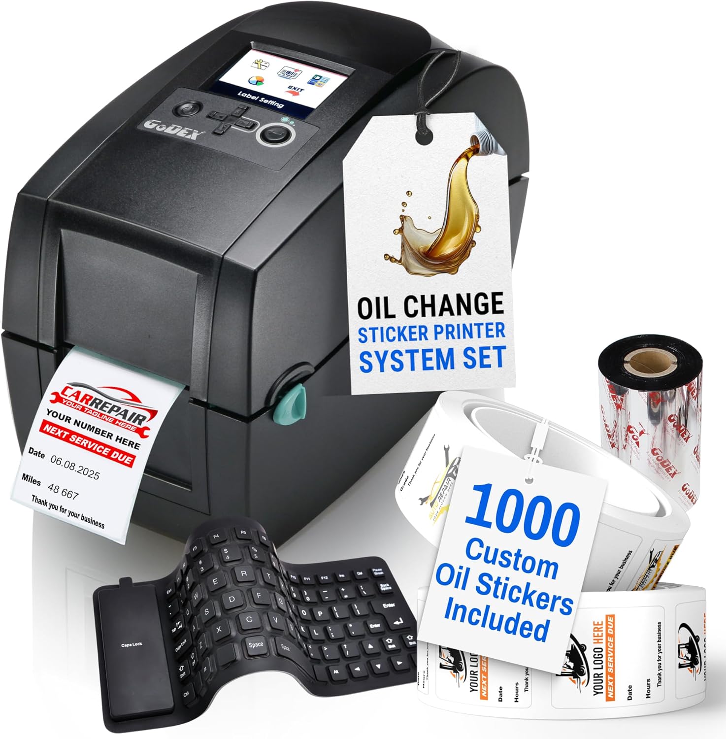 McAuley Labels Oil Change Sticker Printer Machine - Godex RT200i Next Service Reminder Stickers Printer System Set - Fully Programmed Package - Comes with 1000 Custom Oil Labels, Ribbon & Keyboard