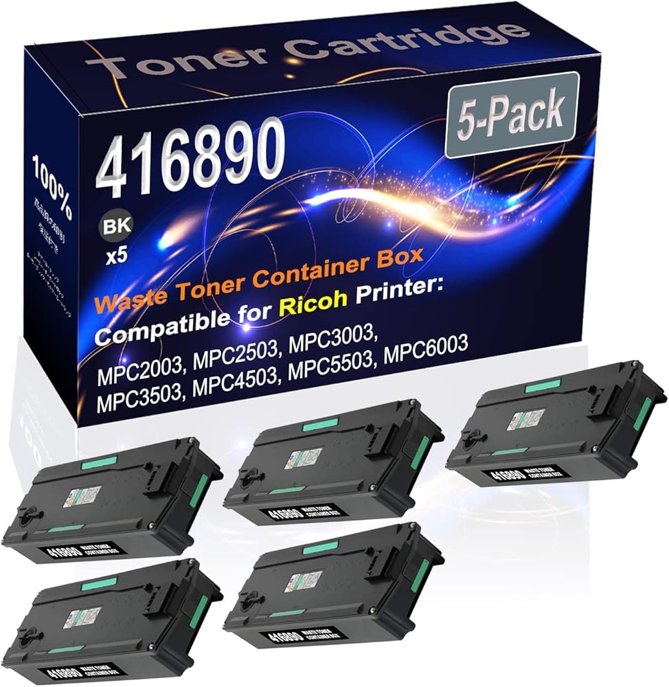 Kolasels 5-Pack (Black) Compatible MPC2003 MPC2503 MPC3003 MPC3503 MPC4503 Waste Toner Container Box (High Capacity) Replacement for Ricoh 416890 Laser Printer Cartridge