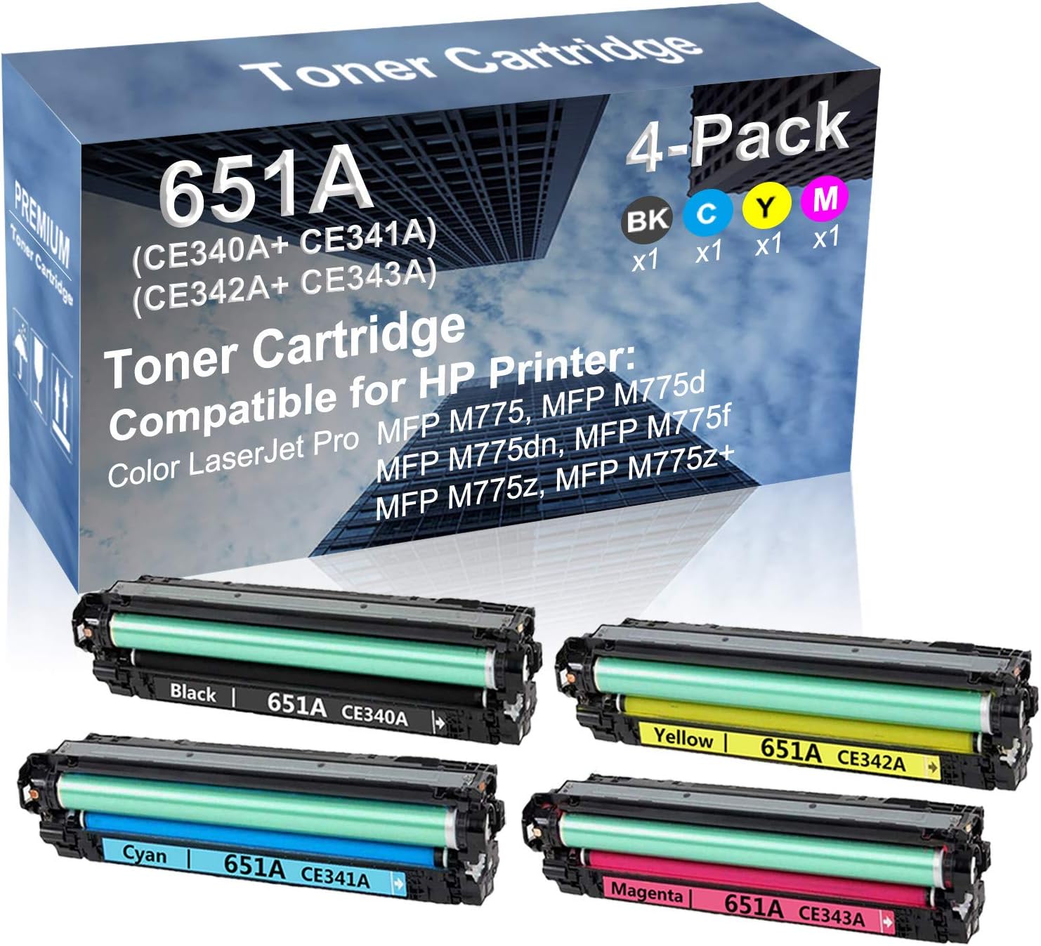 4-Pack (BK+C+Y+M) Compatible High Yield 651A (CE340A+ CE341A+ CE342A+ CE343A) Laser Printer Toner Cartridge use for MFP M775z, MFP M775z+ Printer