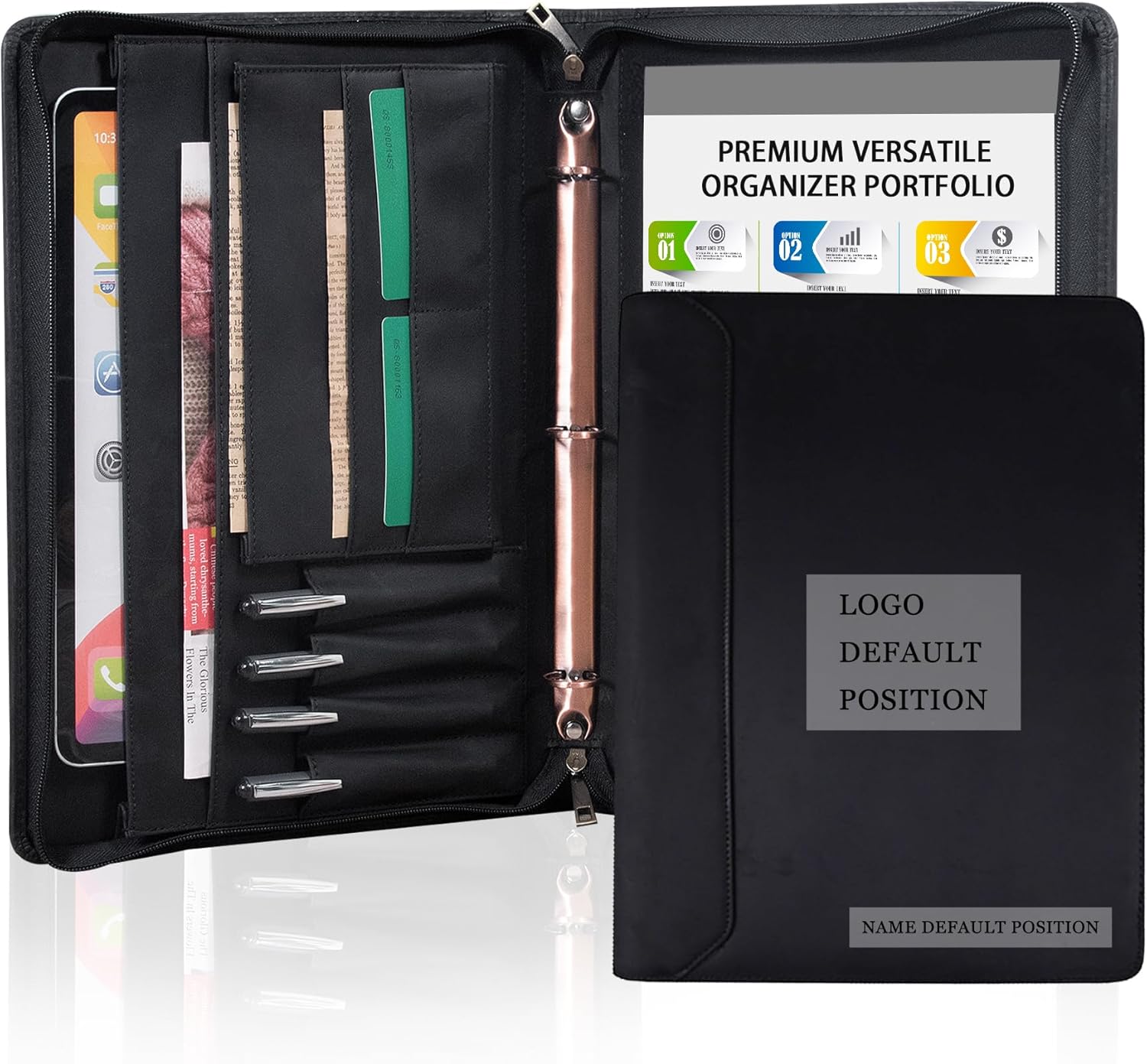 Professional Leather Portfolio Binder with Premium Zipper Business Organizer Folio for Legal Pad-3 Ring Resume Folder with Card Holder-Black,Excellent Gift for Men and Women,Free Name Engrave(Custom)