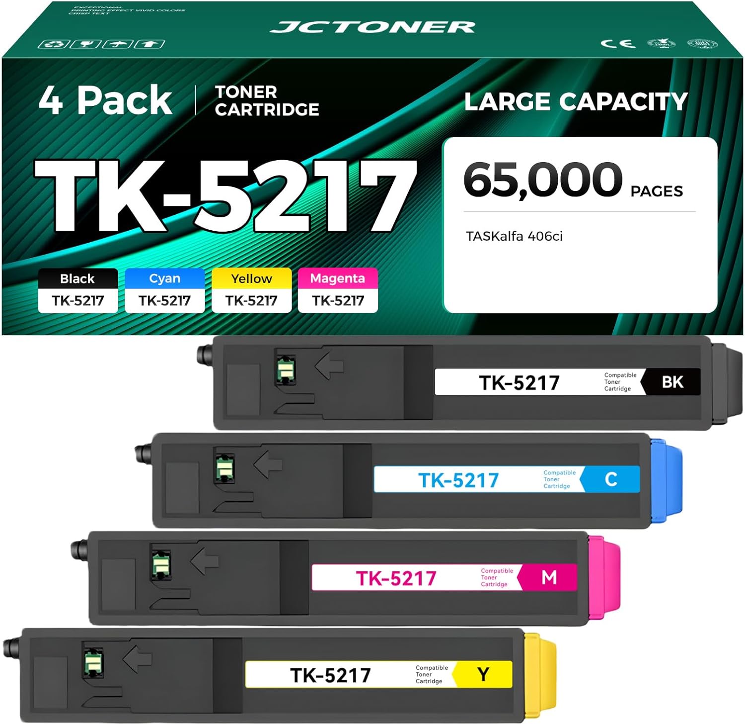 TK-5217 TK5217 Toner Cartridge Set 4-Pack High Yield Replacement for Kyocera TK-5217K TK-5217C TK-5217M TK-5217Y Toner Compatible with Kyocera TASKalfa 406ci and Copystar CS406ci Printer Ink(BK/C/M/Y)