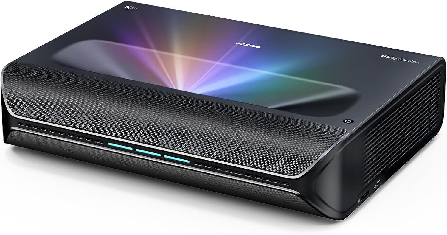 NexiGo Aurora Pro MKII, 4K Tri-Color Laser UST Projector, 30000:1 Contrast Ratio, Dynamic Iris & Laser Dimming, 0.21:1 Throw Ratio, Dolby Vision & Atmos, HDR10+, 3D, 4.2ms ~ 8ms Low Latency (Renewed)