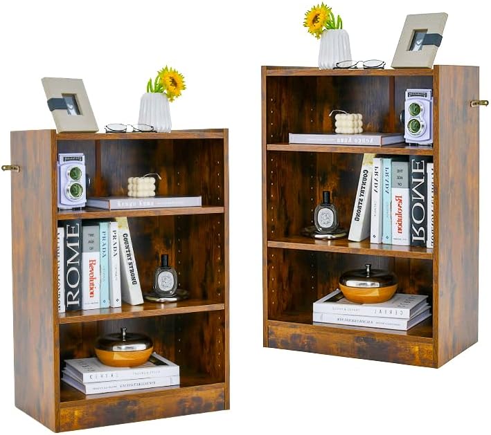 LDAILY 3 Cube Small Bookshelf, 3-Tier Modern Bookcase, Open Display Shelf with 18-Position Adjustable Shelves, Anti-toppling Device, Wood Cube Storage Organizer for Living Room, Kid's Room (2, Brown)