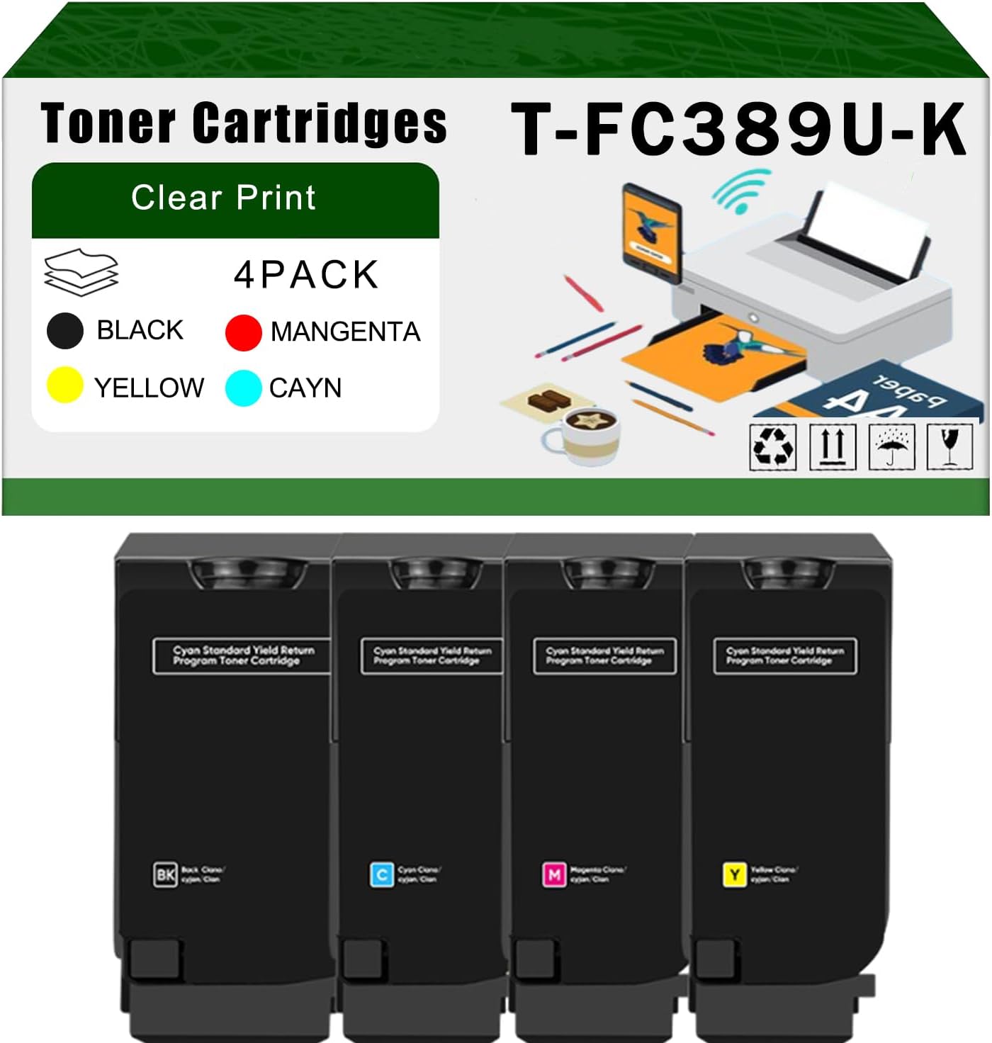 AGNNQ Compatible for Toshiba T-FC389U-KR Toner Cartridges E Studio 479CS 389CS Printers, High Yield 8000 Pages Bright Clear Colors (4-Pack BK/C/M/Y)
