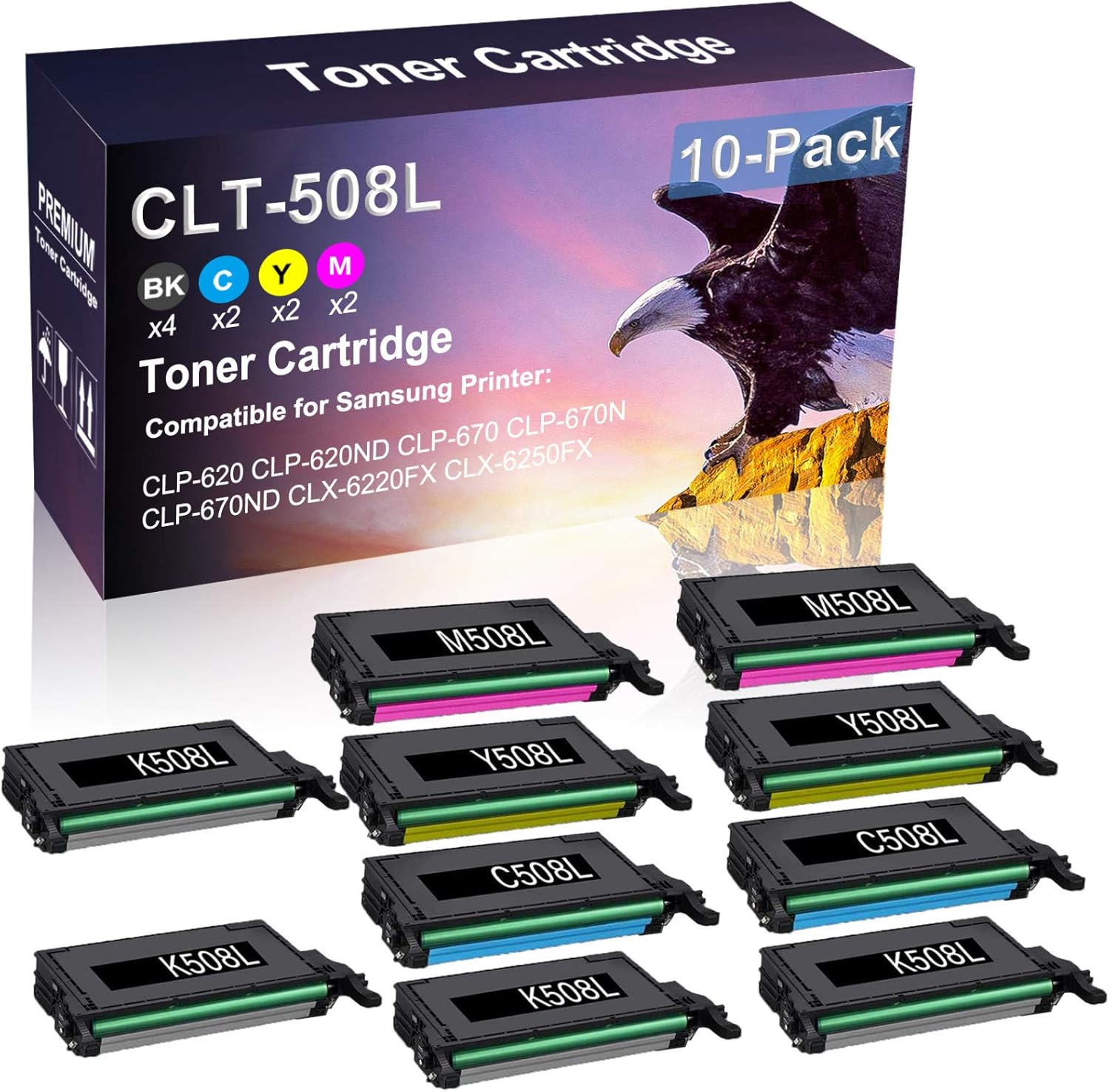 10 Pack (4BK+2C+2Y+2M) Compatible Laser Toner Cartridge (High Yield) Replacement for Samsung CLT-508L CLT-K508L CLT-C508L CLT-Y508L CLT-M508L Toner Cartridge use for Samsung CLP-670 CLP-670N Printer
