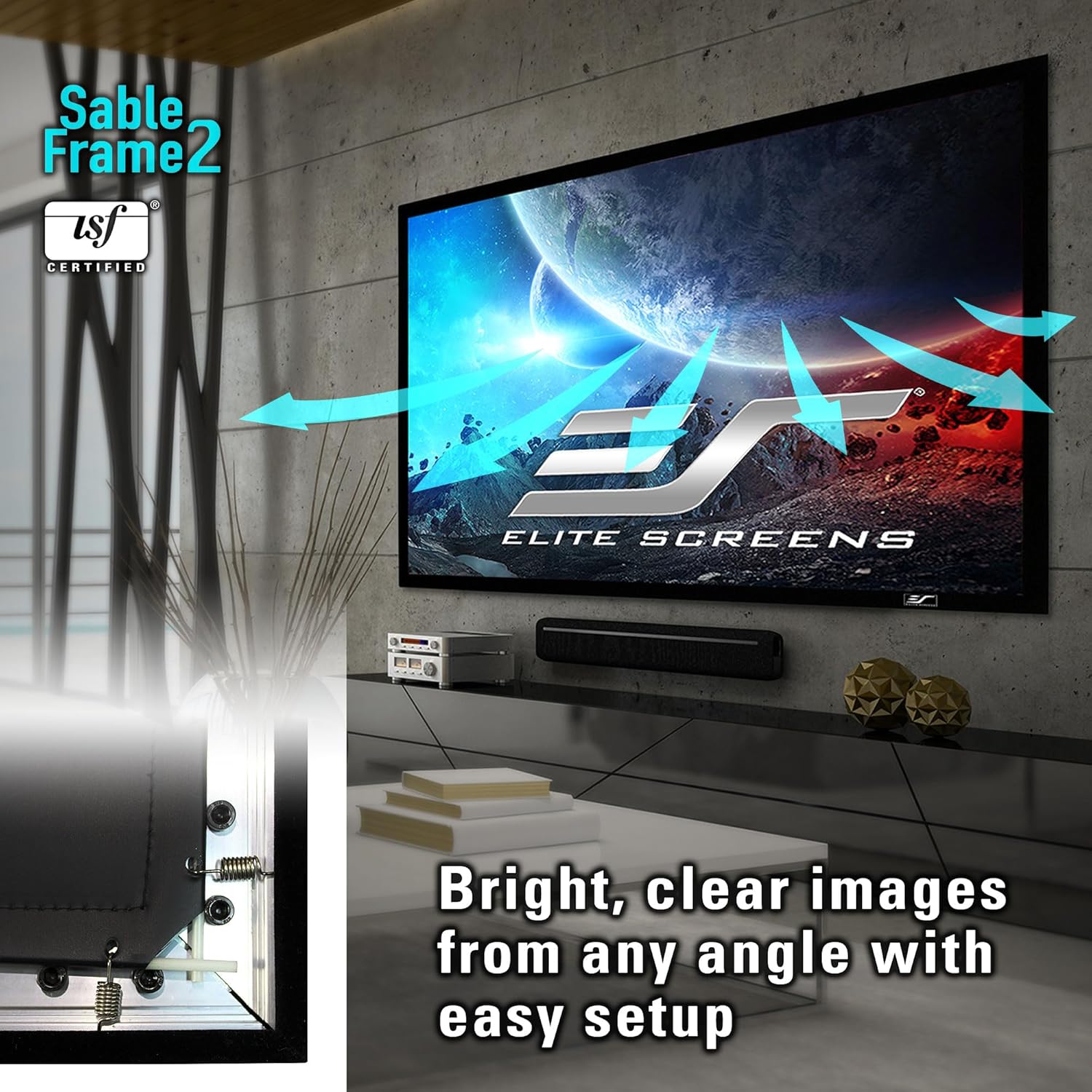 Elite Screens Sable Frame 2 Series, 165-inch Diagonal 16:9, Active 3D 4K Ultra HD Ready Fixed Frame Home Theater Movie Office Presentations Indoor Front Projection Projector Screen, ER165WH2, Black