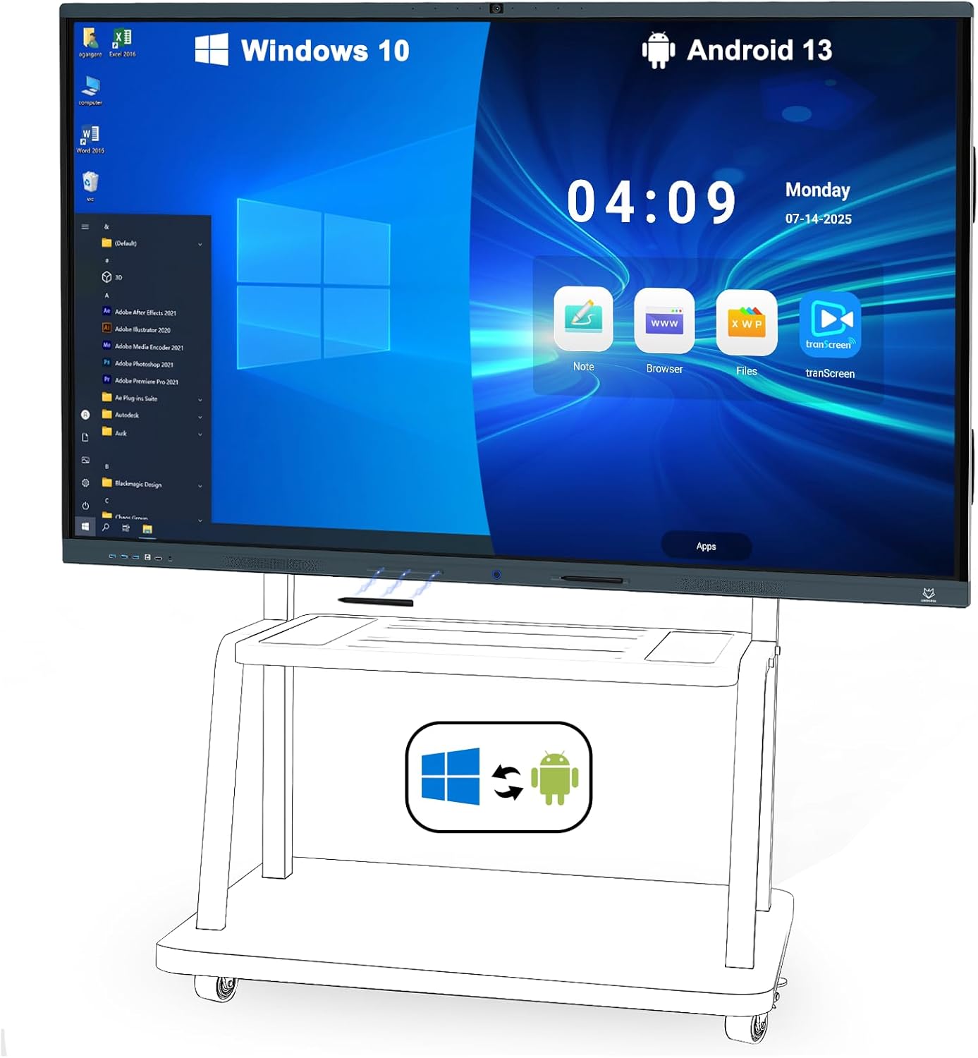 LINGHUFOX Smart Board, 86 Inch 4K Touch Screen Interactive Whiteboard Built in AI Camera and 8 Mics, All in One Computer with Windows 10 & Android for Office Classroom Home (Board+Mini PC+Wall Mount)