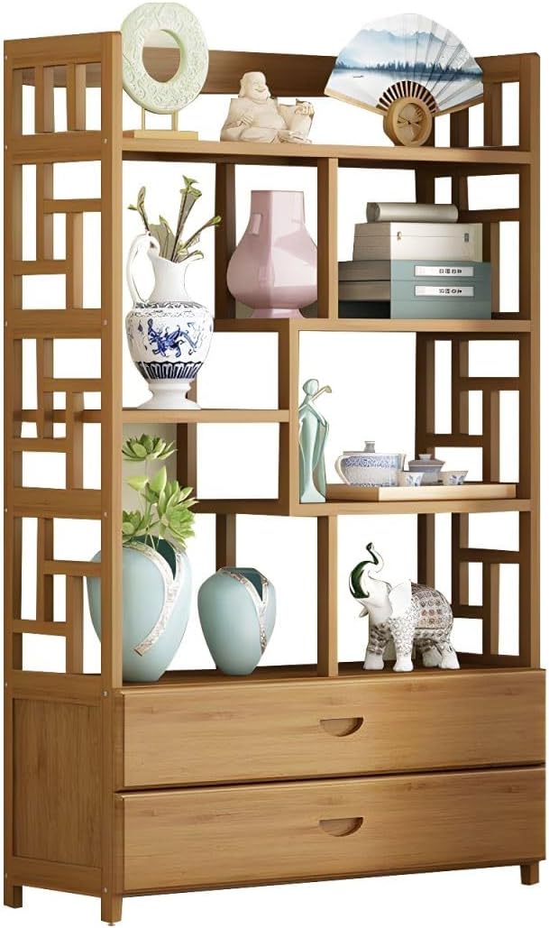 KWOKING Bamboo Floor Shelf Bookcase Open Book Shelf Study Room New Chinese Style Wine Display Cabinet Antique Decoration Cabinet Tea Set Rack Bookshelf with 2 Drawers 31.5